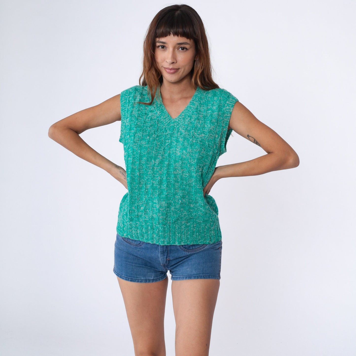 70s Green Knit Sweater Vest V Neck Sleeveless Pullover Large