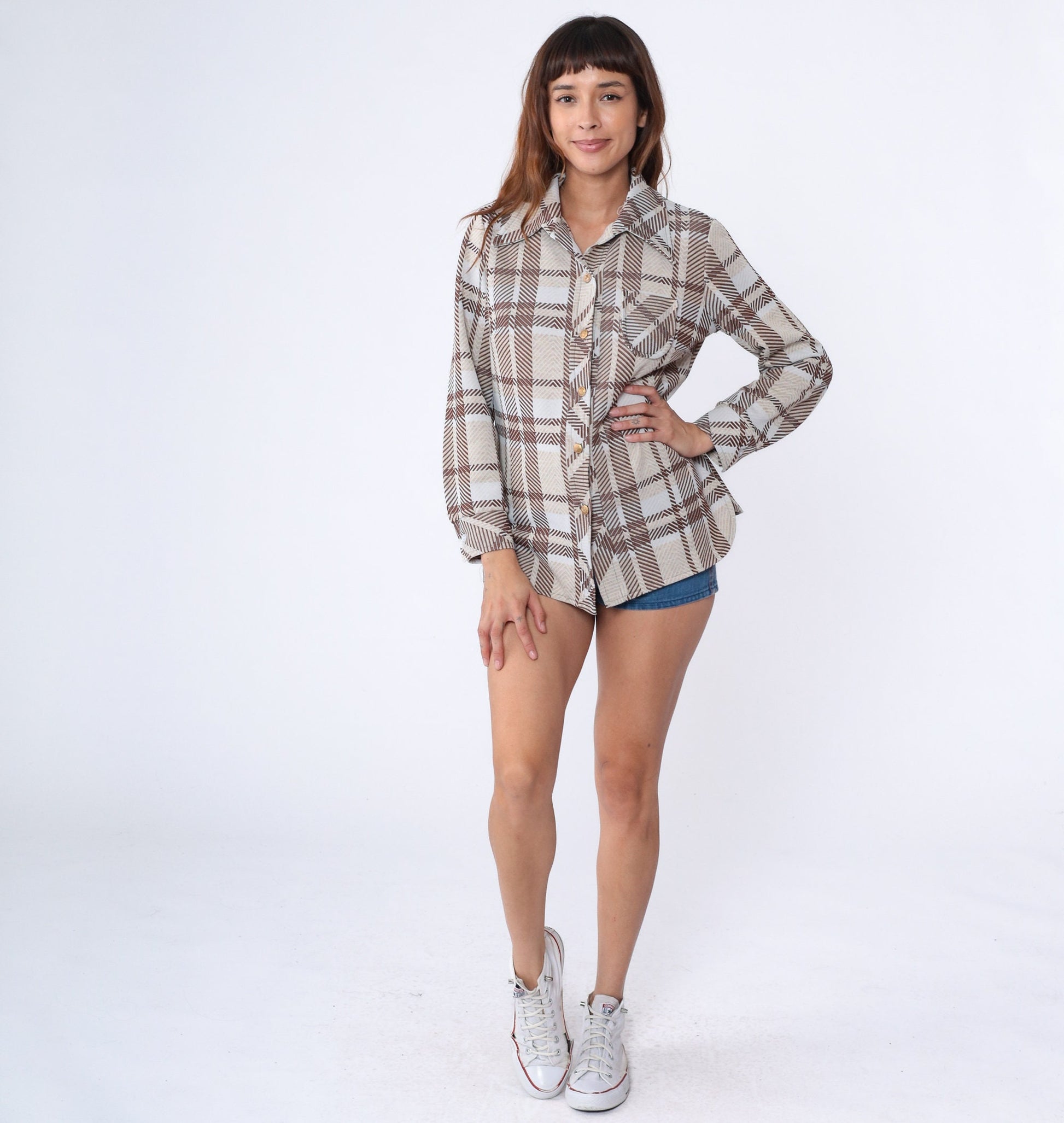 70s Checkered Brown Button-Up Shirt Dagger Collar Long Sleeve Blouse Medium Large