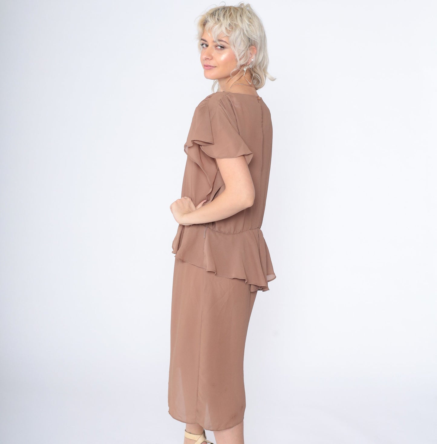 70s Cocoa Brown Midi Dress High Waist Peplum Puff Sleeve Keyhole Back Large L