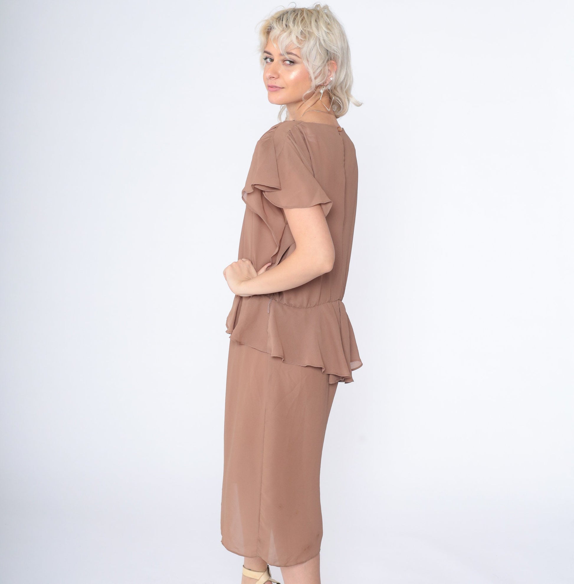 70s Cocoa Brown Midi Dress High Waist Peplum Puff Sleeve Keyhole Back Large L