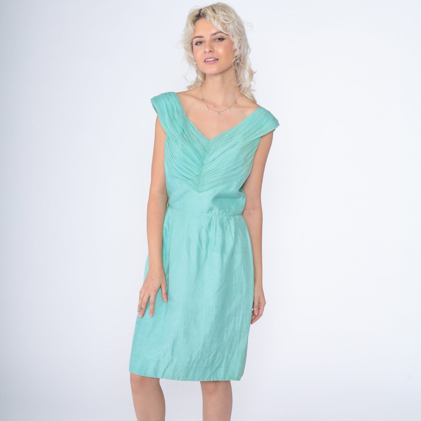 60s Mint Silk Dress Sleeveless Mini Pleated High Waist Sheath Small S