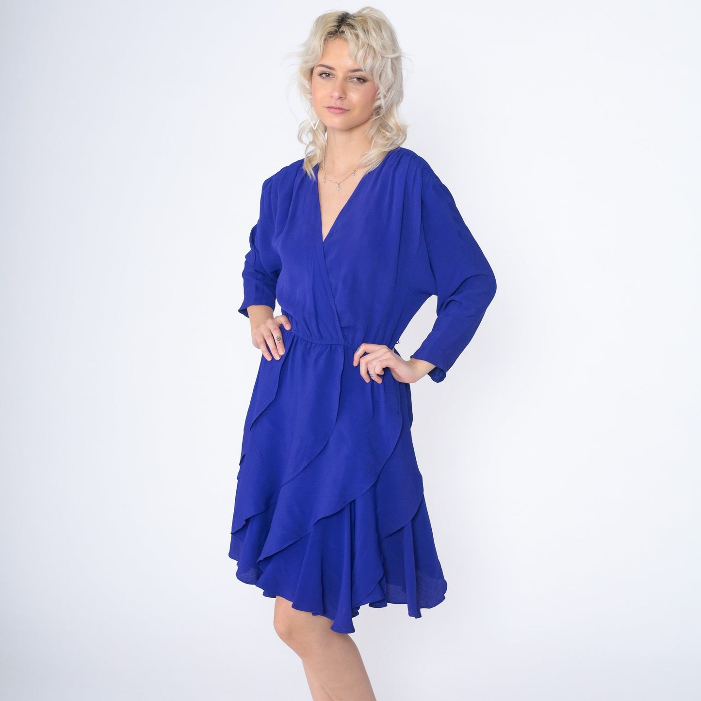 90s Blue Mini Dress Faux Wrap High Waisted Long Sleeve V Neck Small S