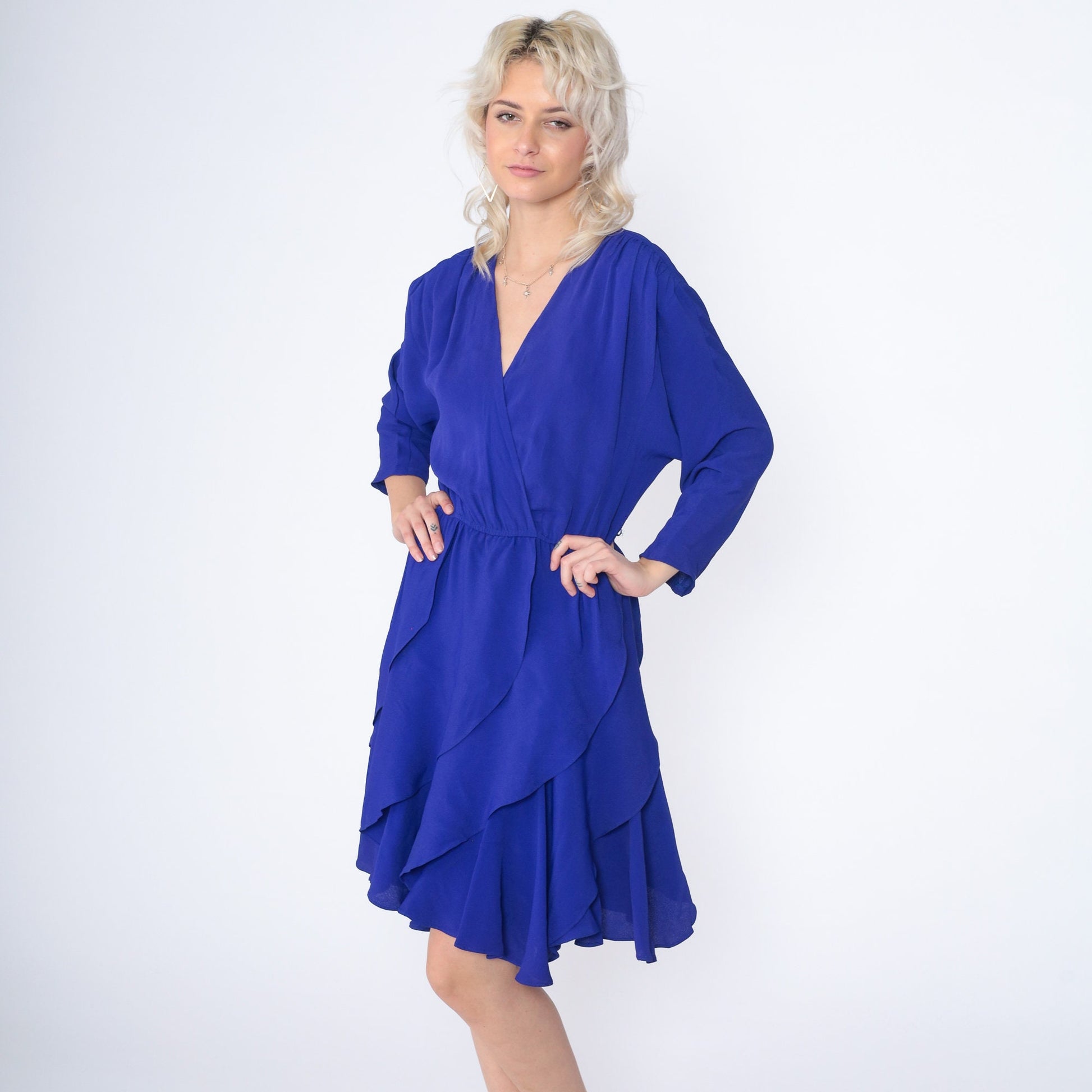 90s Blue Mini Dress Faux Wrap High Waisted Long Sleeve V Neck Small S