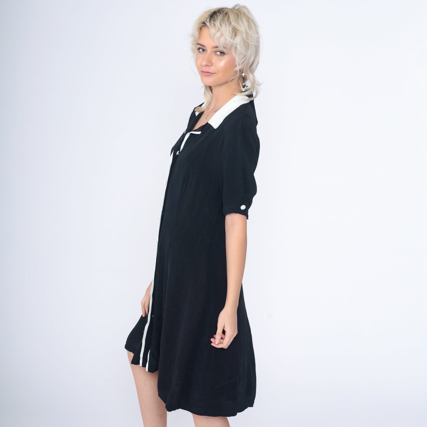 90s Black and White Button-Up Mini Dress Short Sleeve Shift Medium M