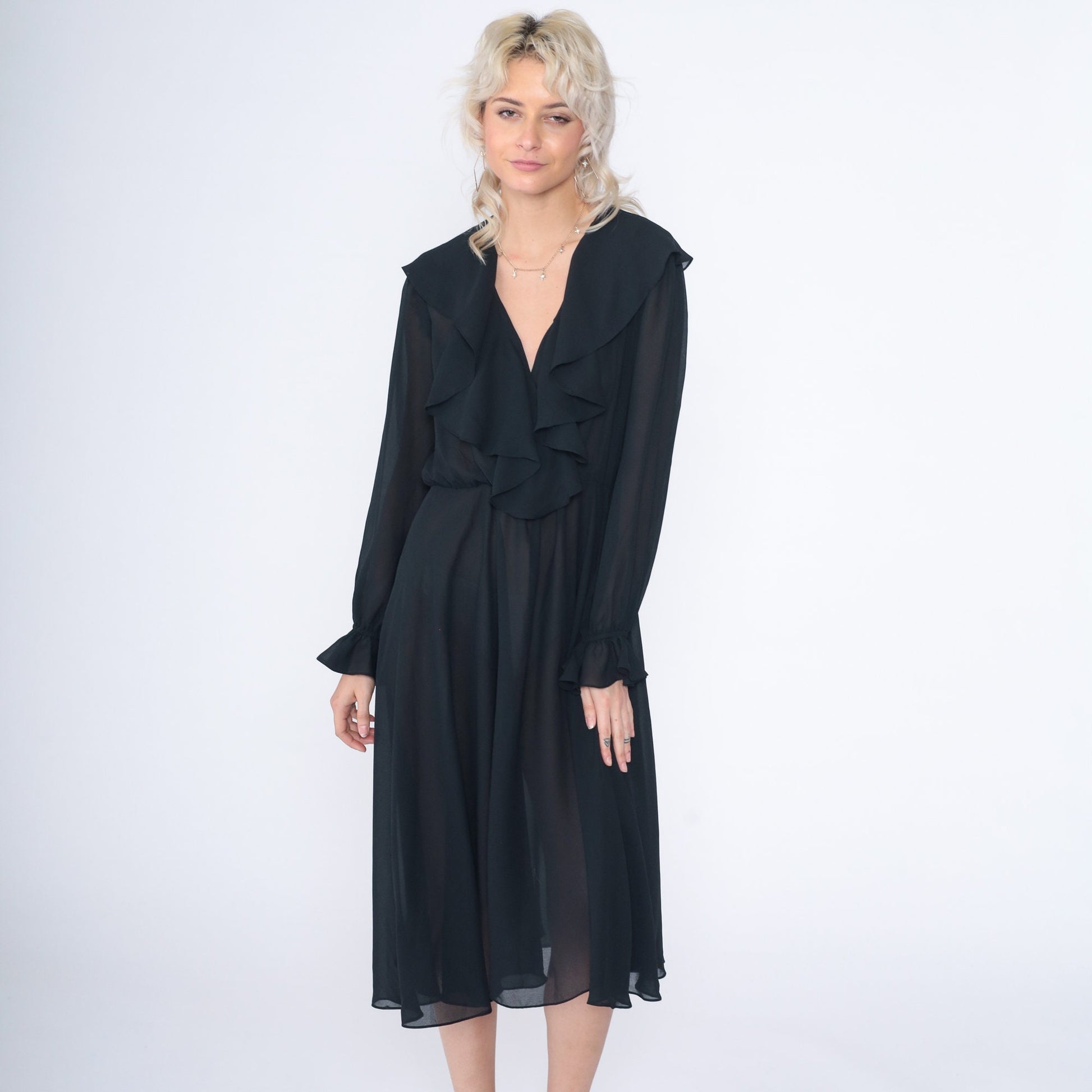 90s Black Midi Dress Ruffled High Waist Long Sleeve Semi-Sheer Small