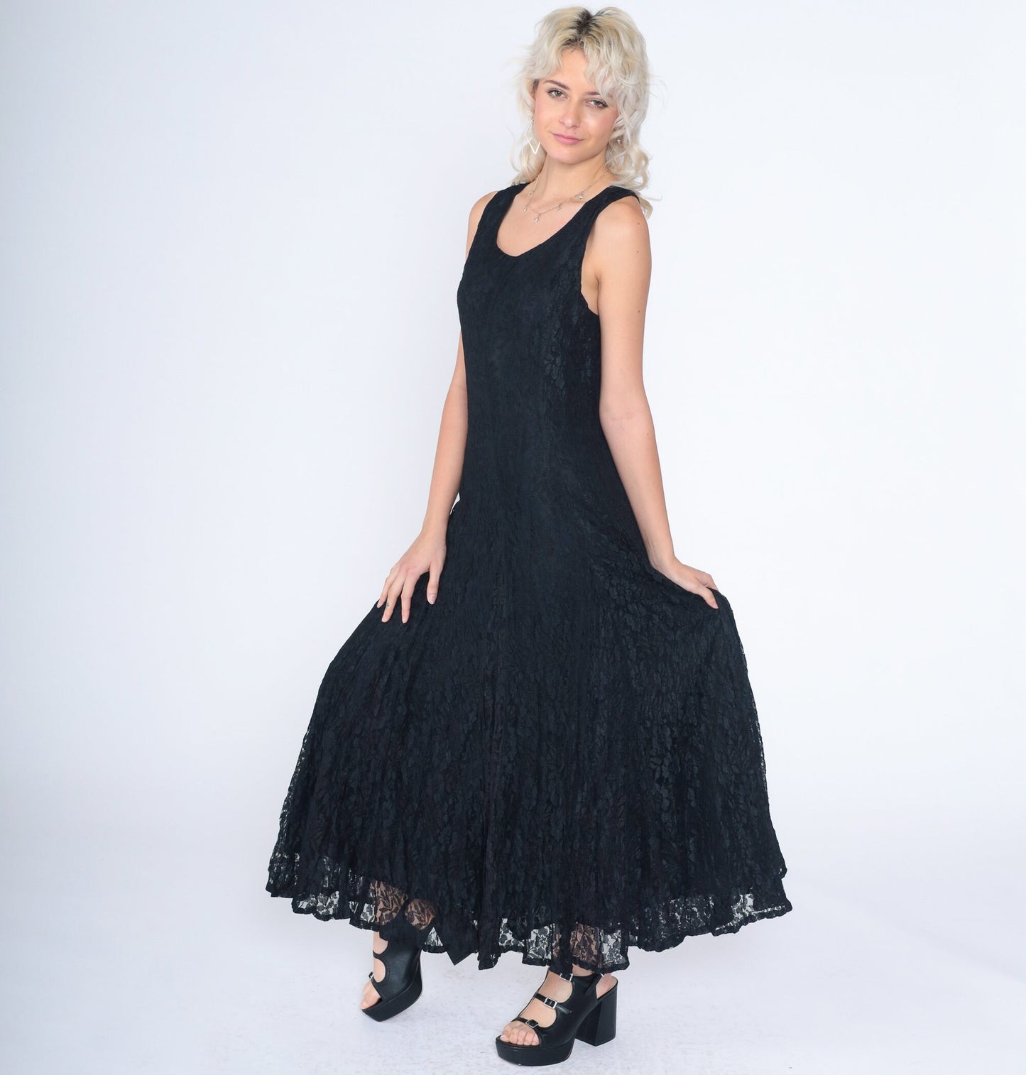 90s Black Lace Maxi Dress Sleeveless Criss Cross Large L