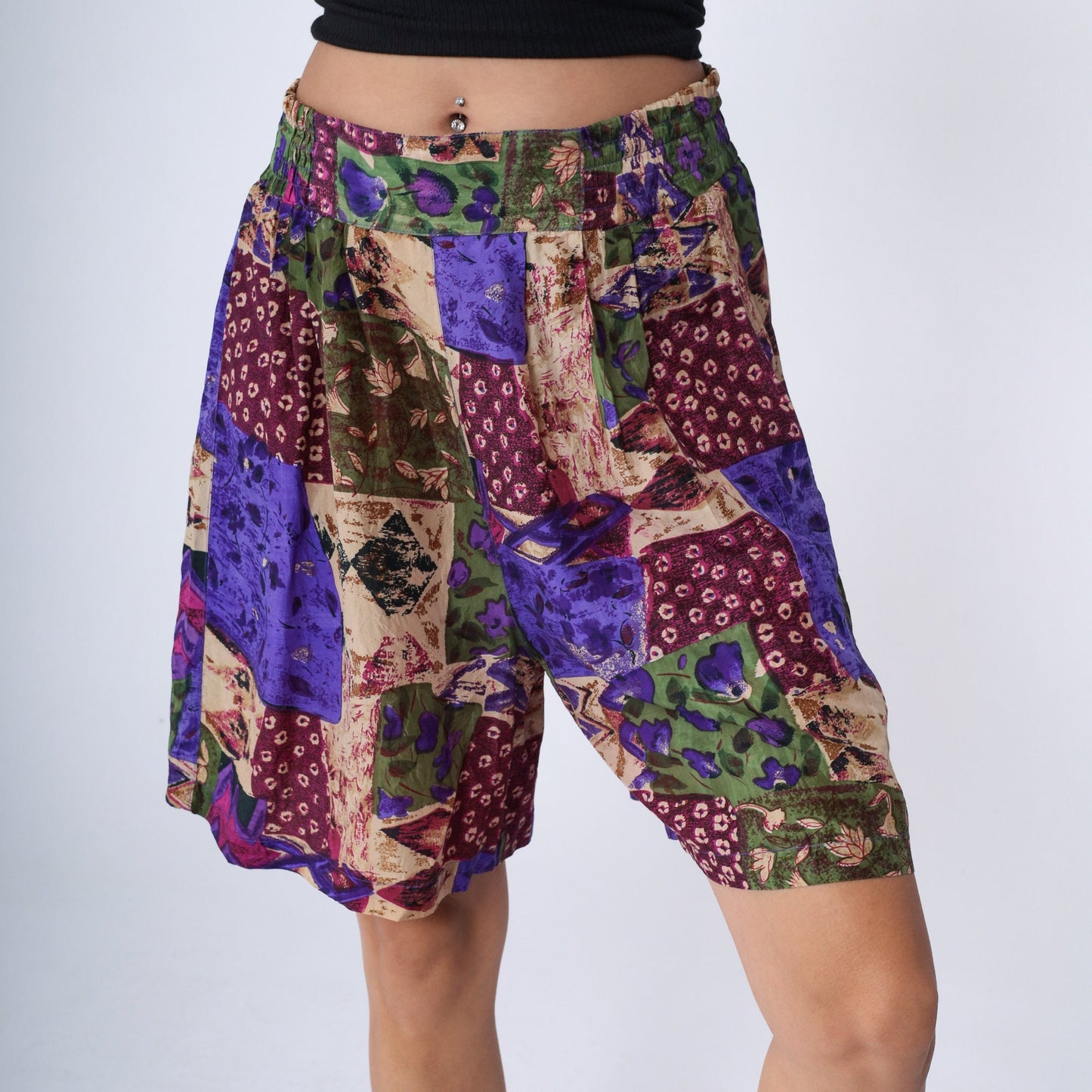 90s Silk Patchwork Floral Pleated Shorts High Waist Wide Leg Small