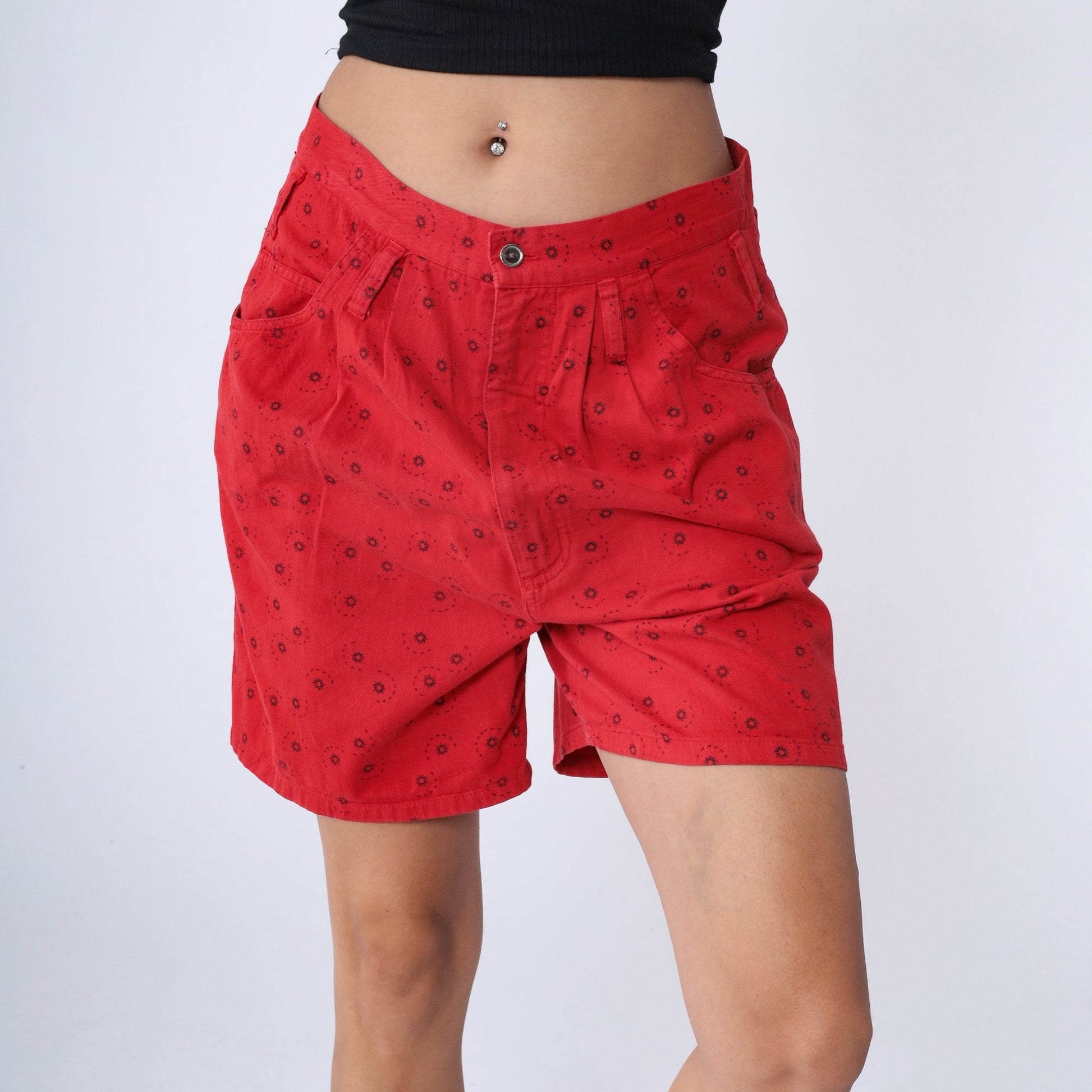 90s Express Red Celestial Pleated High-Waist Shorts Cotton Medium