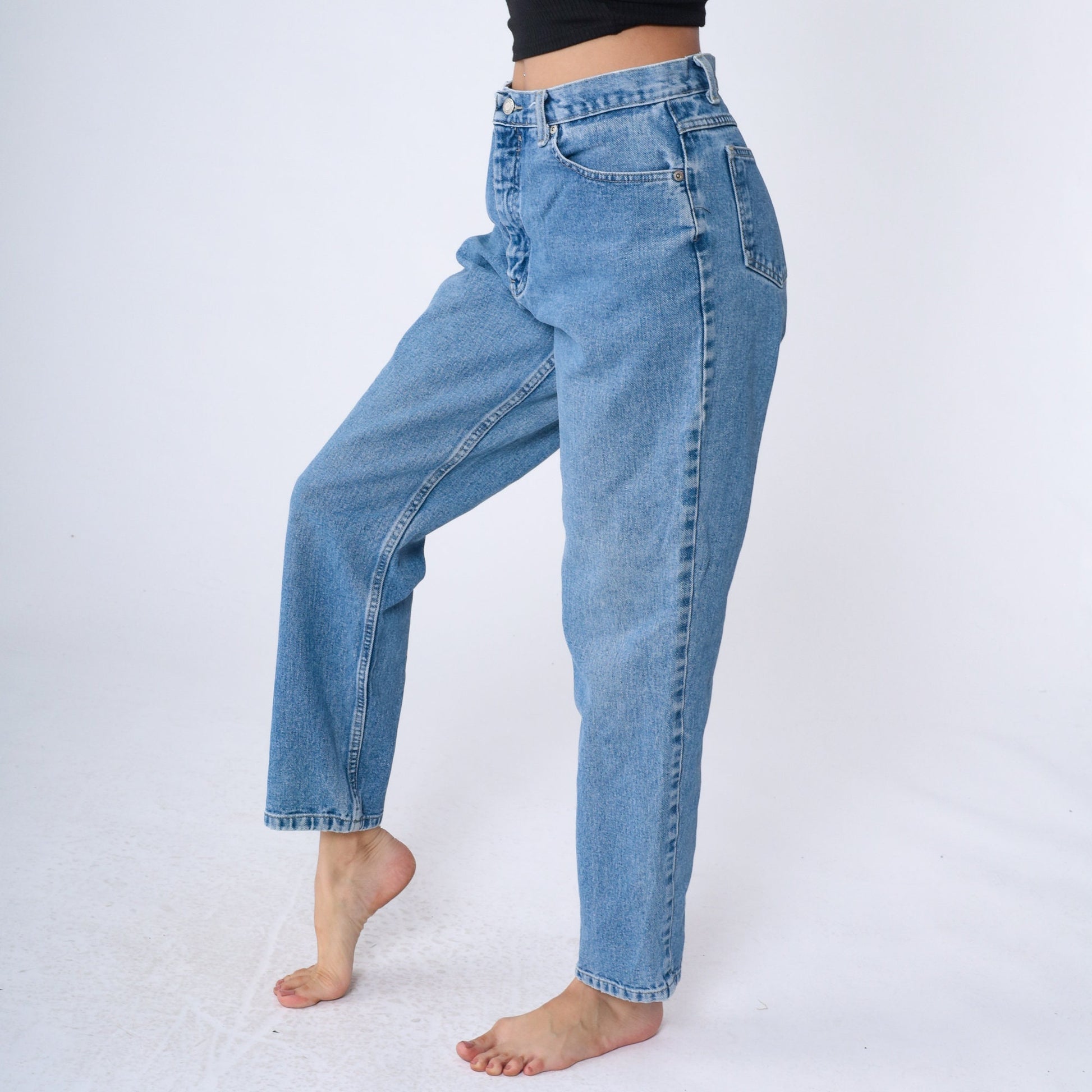 90s Mom Jeans High Rise Tapered Denim Stone Wash Blue Medium