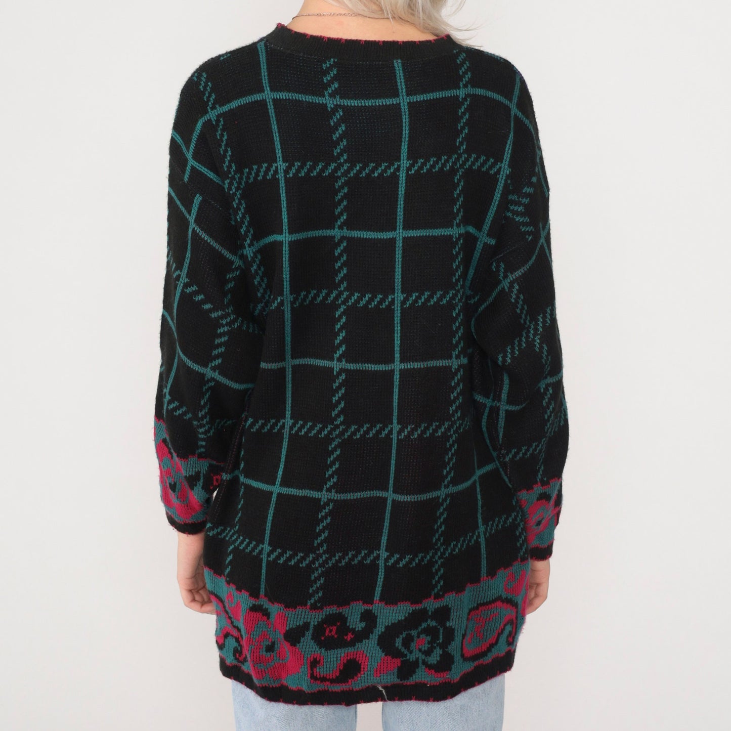 90s Checkered Floral Knit Sweater Black Pullover Paisley Rose Hibiscus Large L