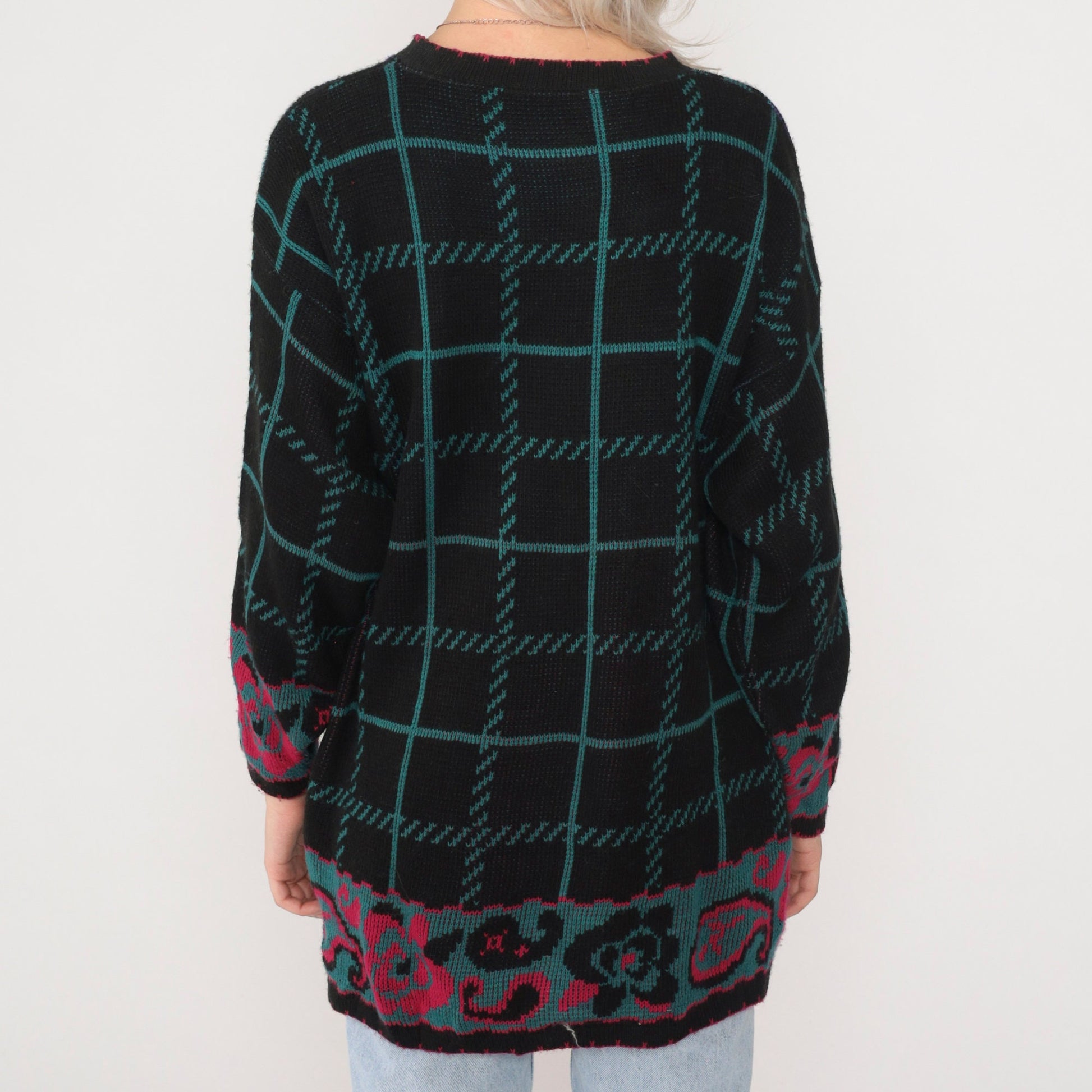 90s Checkered Floral Knit Sweater Black Pullover Paisley Rose Hibiscus Large L