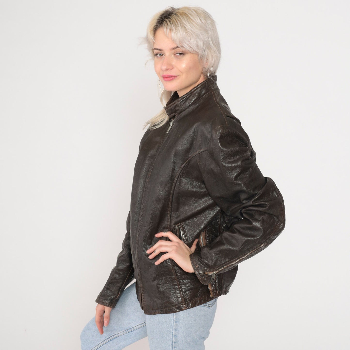 70s Dark Brown Leather Moto Jacket Zip Front Removable Lining Small S