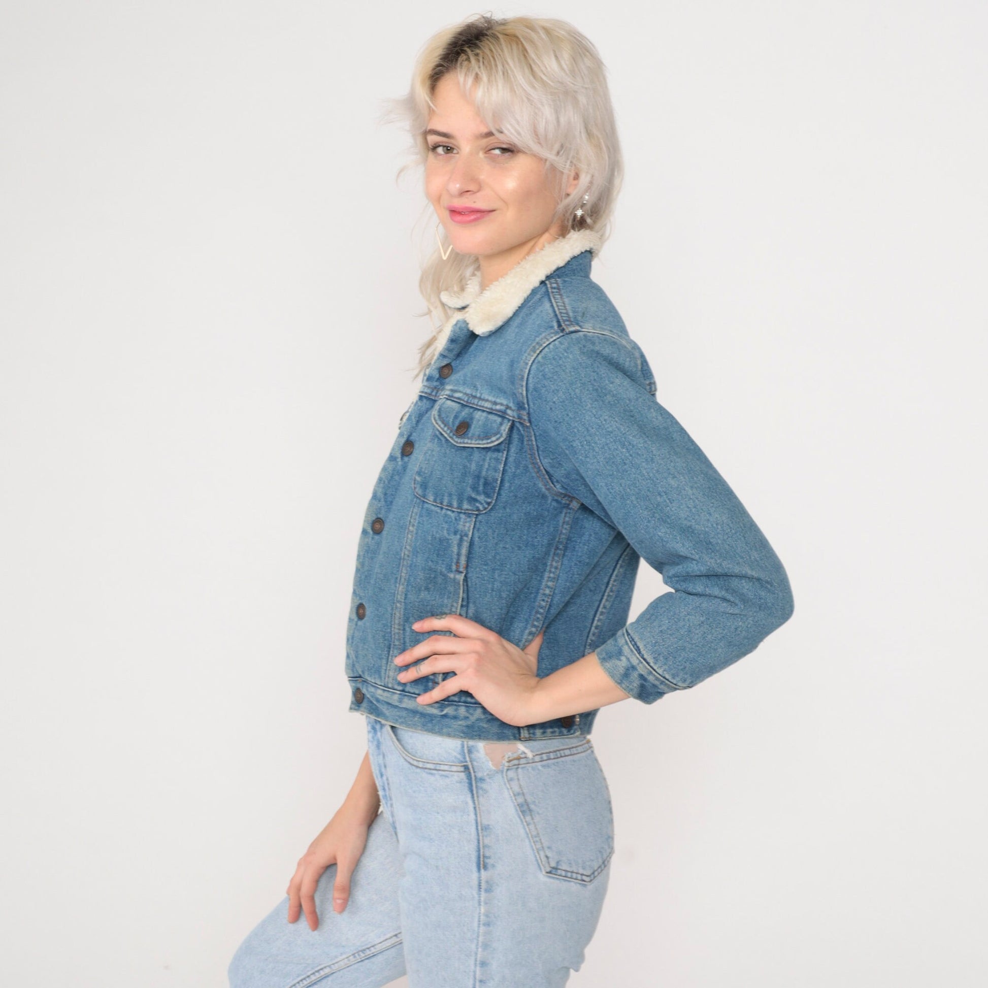 90s The Gap Denim Sherpa Jacket Blue Cropped Snap Jean Coat XXS