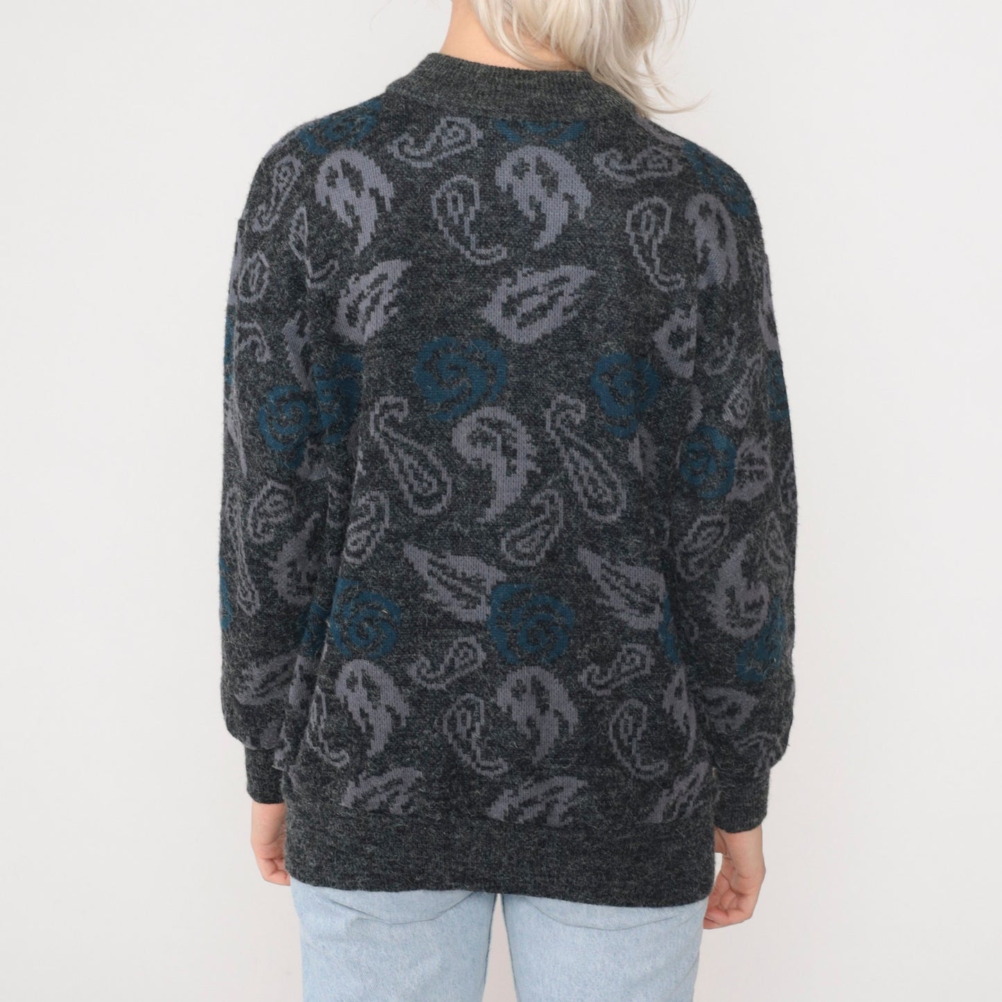 90s Grey Paisley Floral Cardigan Knit Button-Up Sweater Small