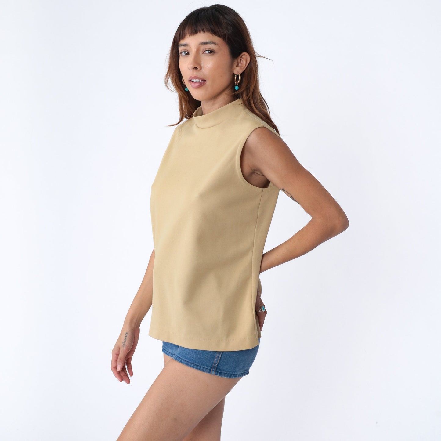 70s Beige Mock Neck Tank Top Sleeveless Blouse Large L