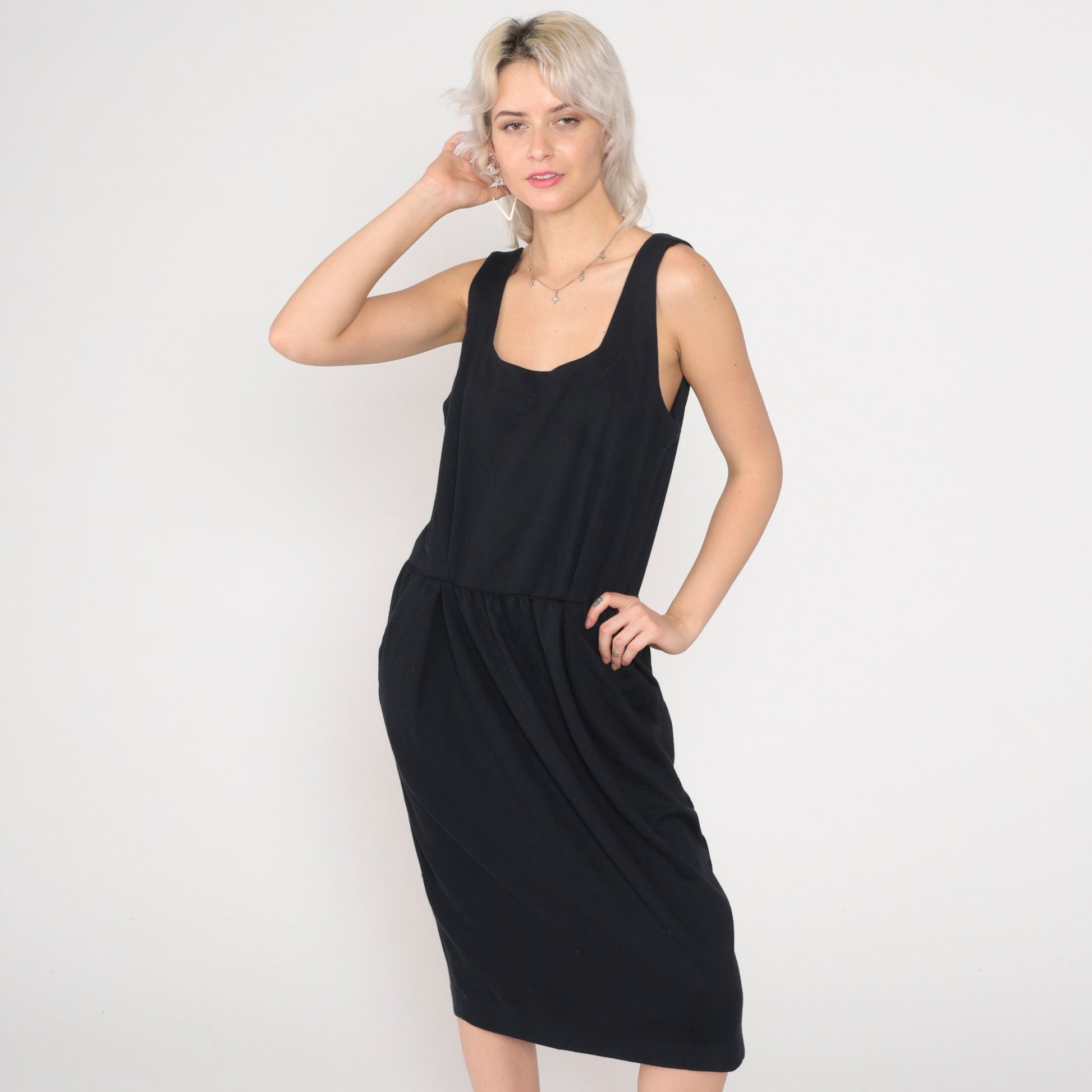 90s Black Midi Tank Dress High Waist Sleeveless Scoop Neck Large