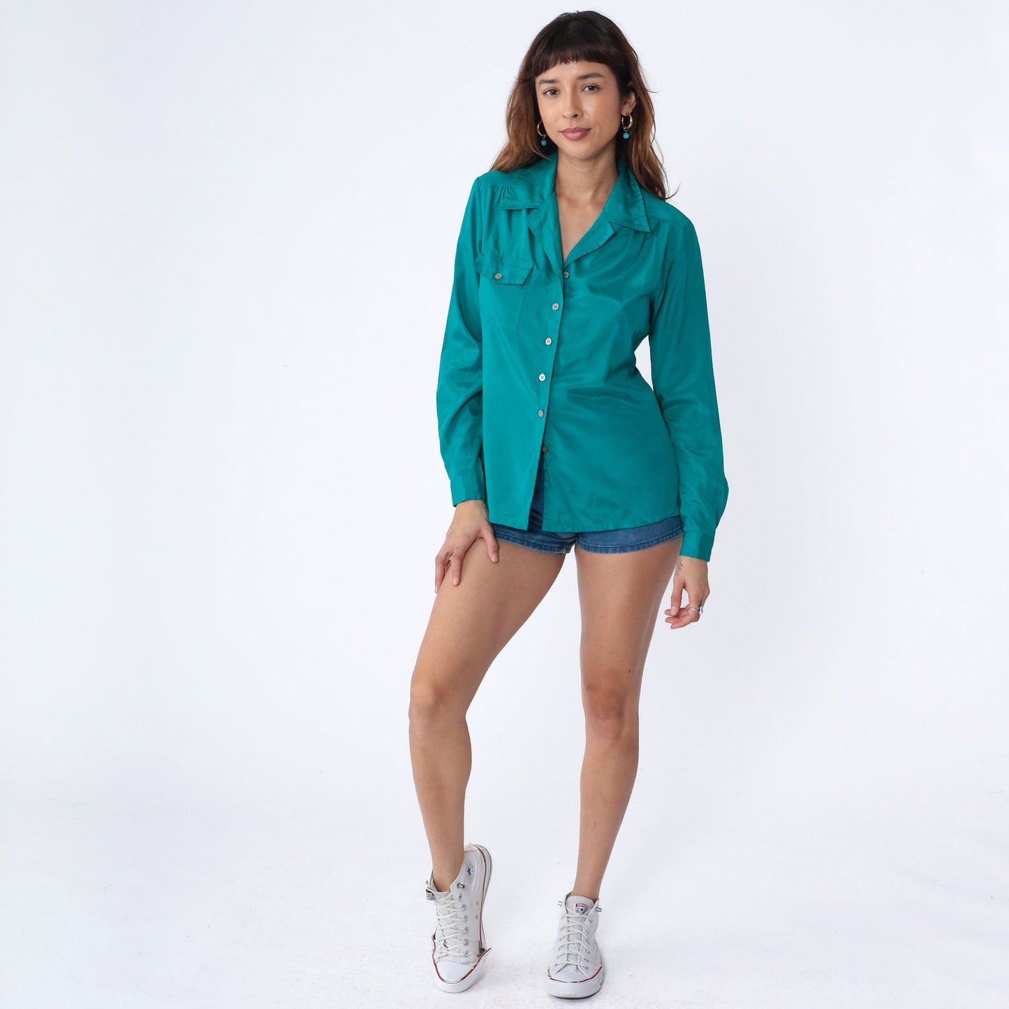 90s Teal Green Button-Up Blouse Notch Collar Long Sleeve Medium