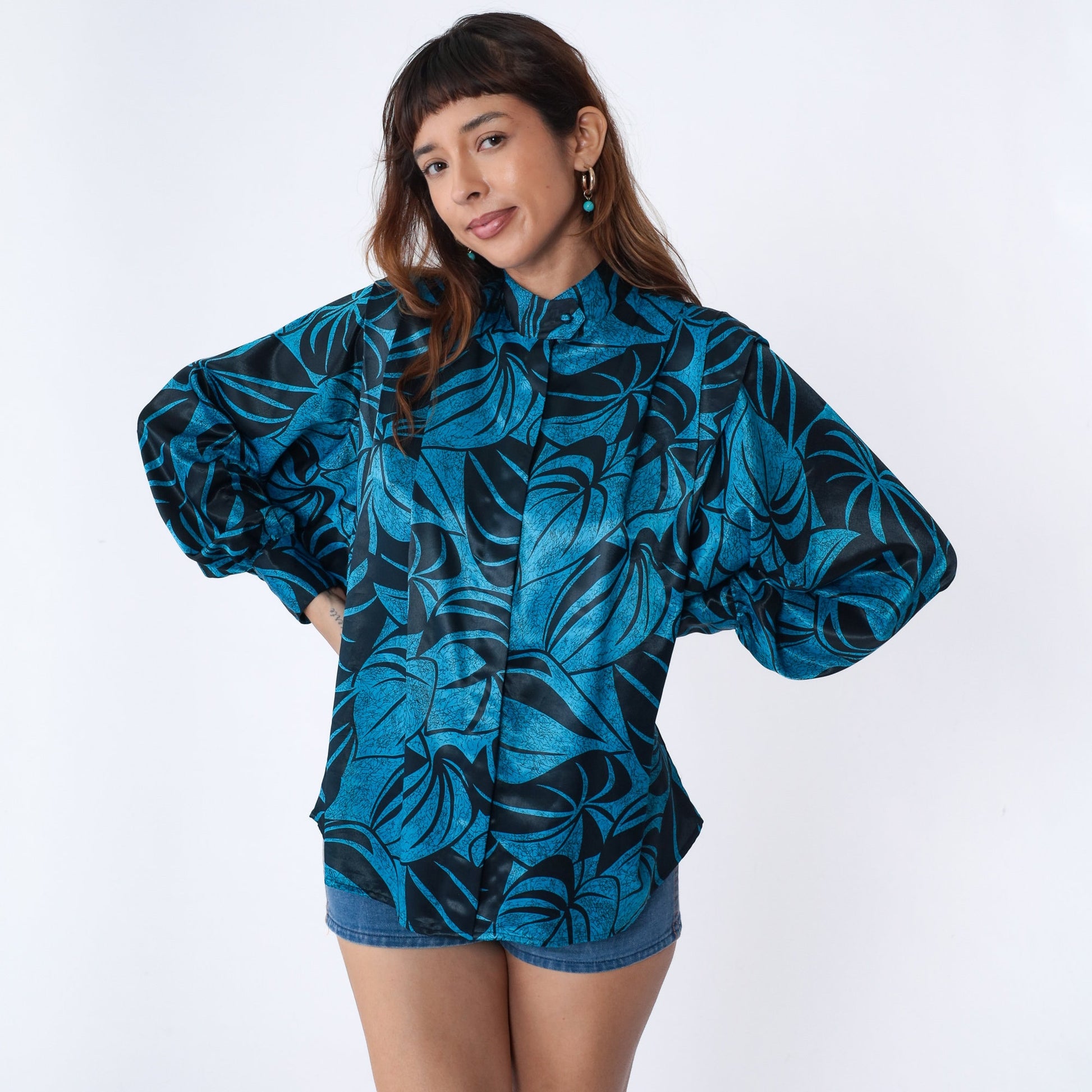 80s Leaf Print Blouse Black Blue Mock Neck Pleated Balloon Sleeve Large