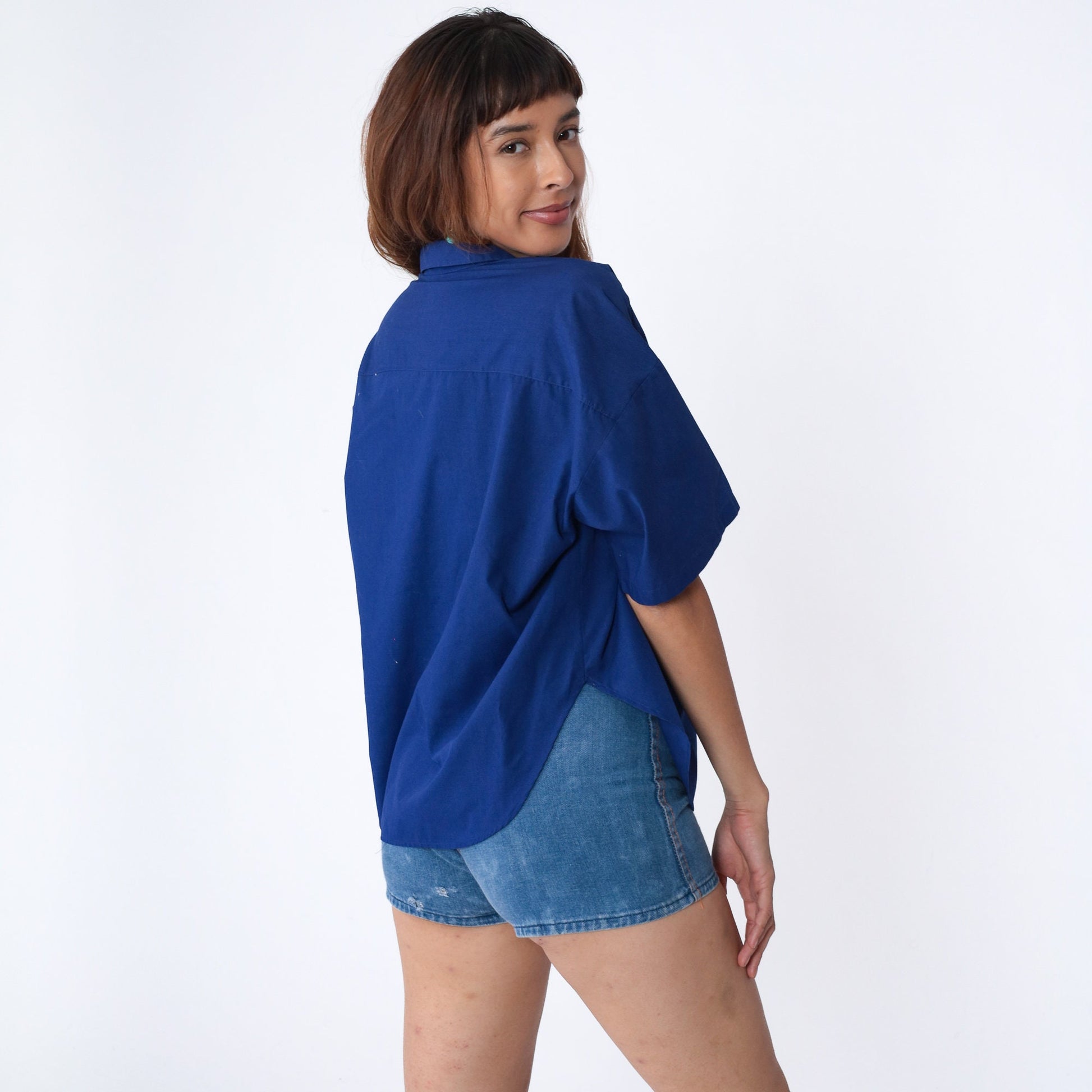 80s Royal Blue Button-Up Blouse Short Sleeve Chest Pocket Collared Large L