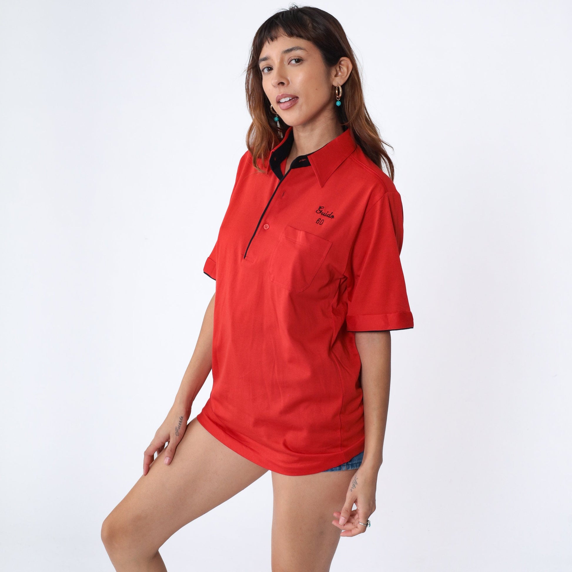 80s Red Bowling Uniform Shirt Guido Embroidered Number 60 Medium