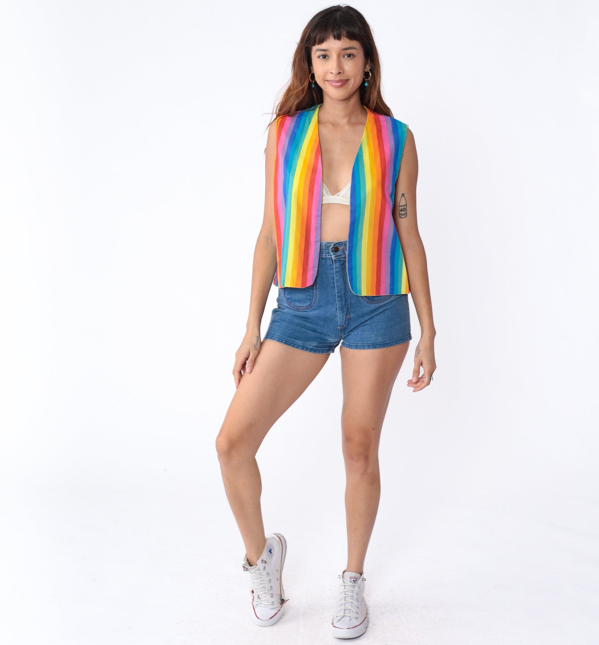 70s Rainbow Stripe Open Front Vest Sleeveless Top Medium