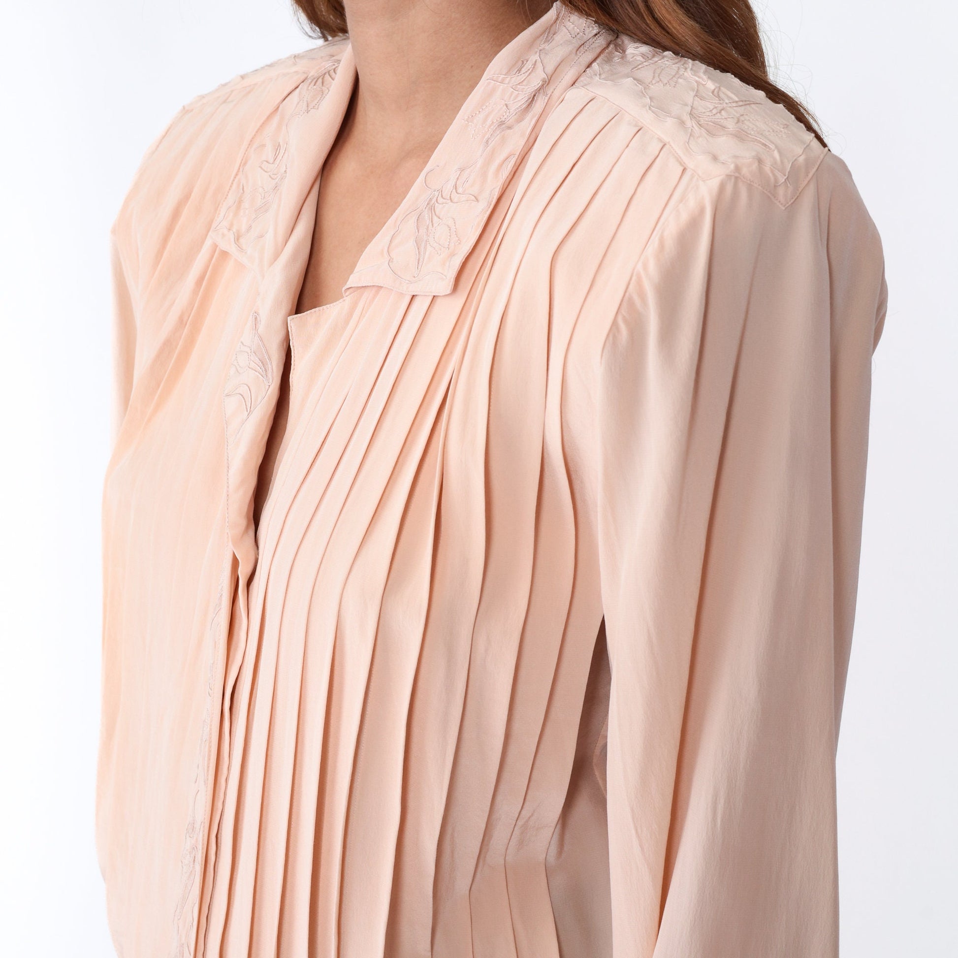80s Paul Alexander Pink Silk Blouse Floral Embroidered Pleated Collared Small