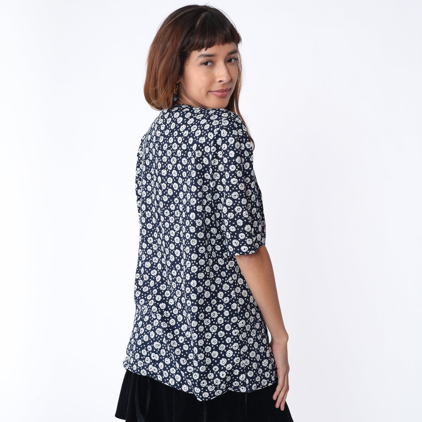 90s Navy Floral Wrap Blouse White Dot Print Puff Sleeve Button Up Medium