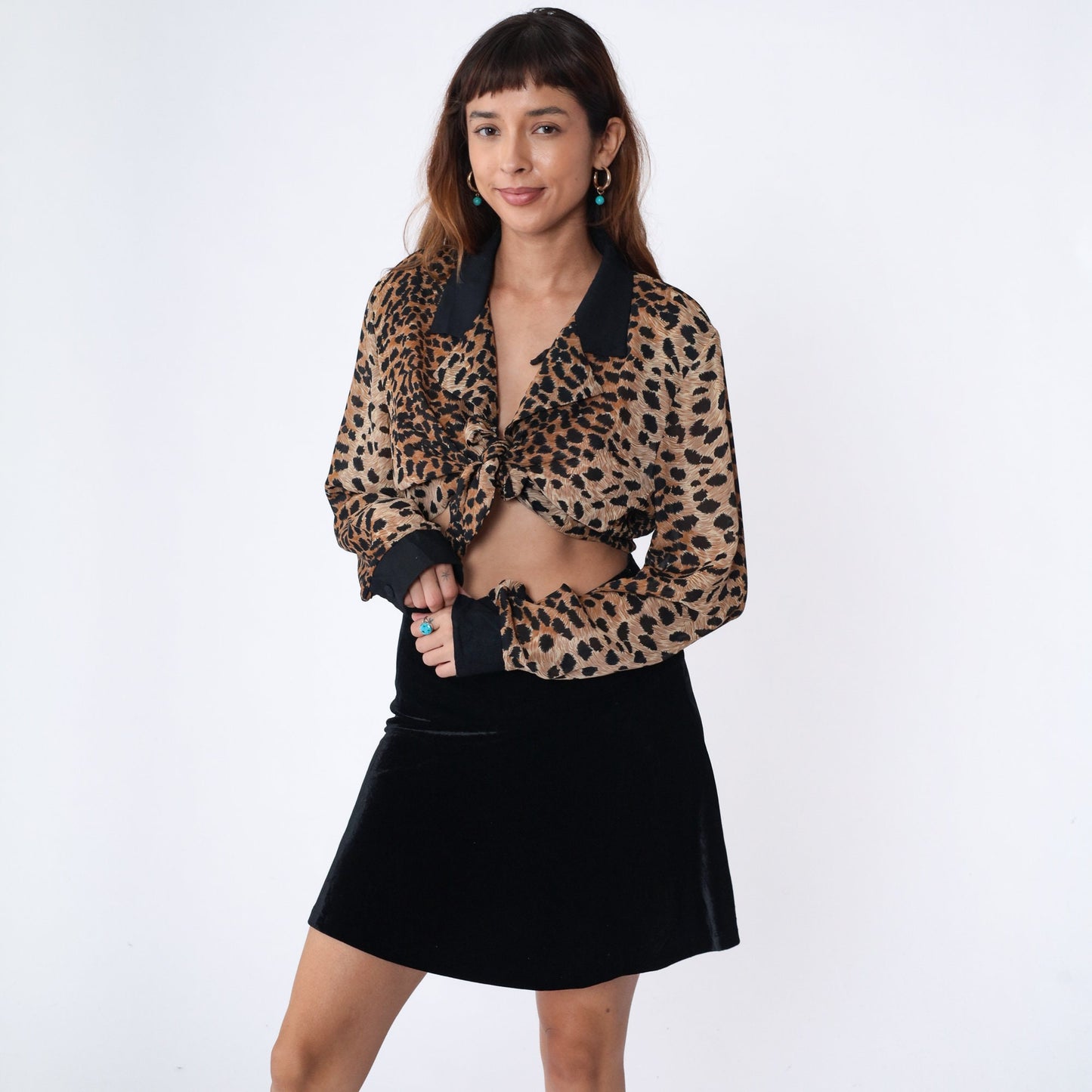 90s Cheetah Print Tie Front Crop Top Long Sleeve Collared Blouse Large L
