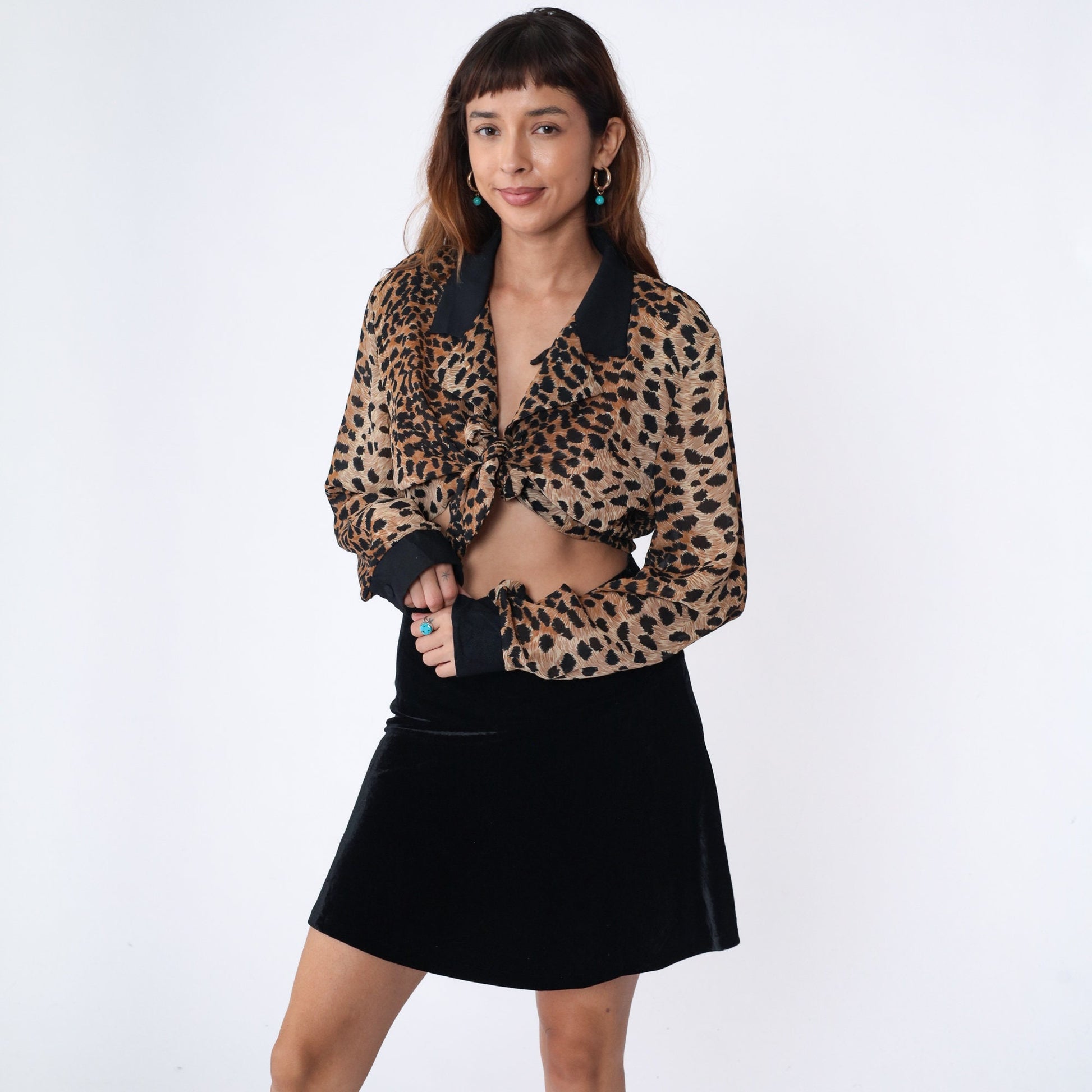 90s Cheetah Print Tie Front Crop Top Long Sleeve Collared Blouse Large L