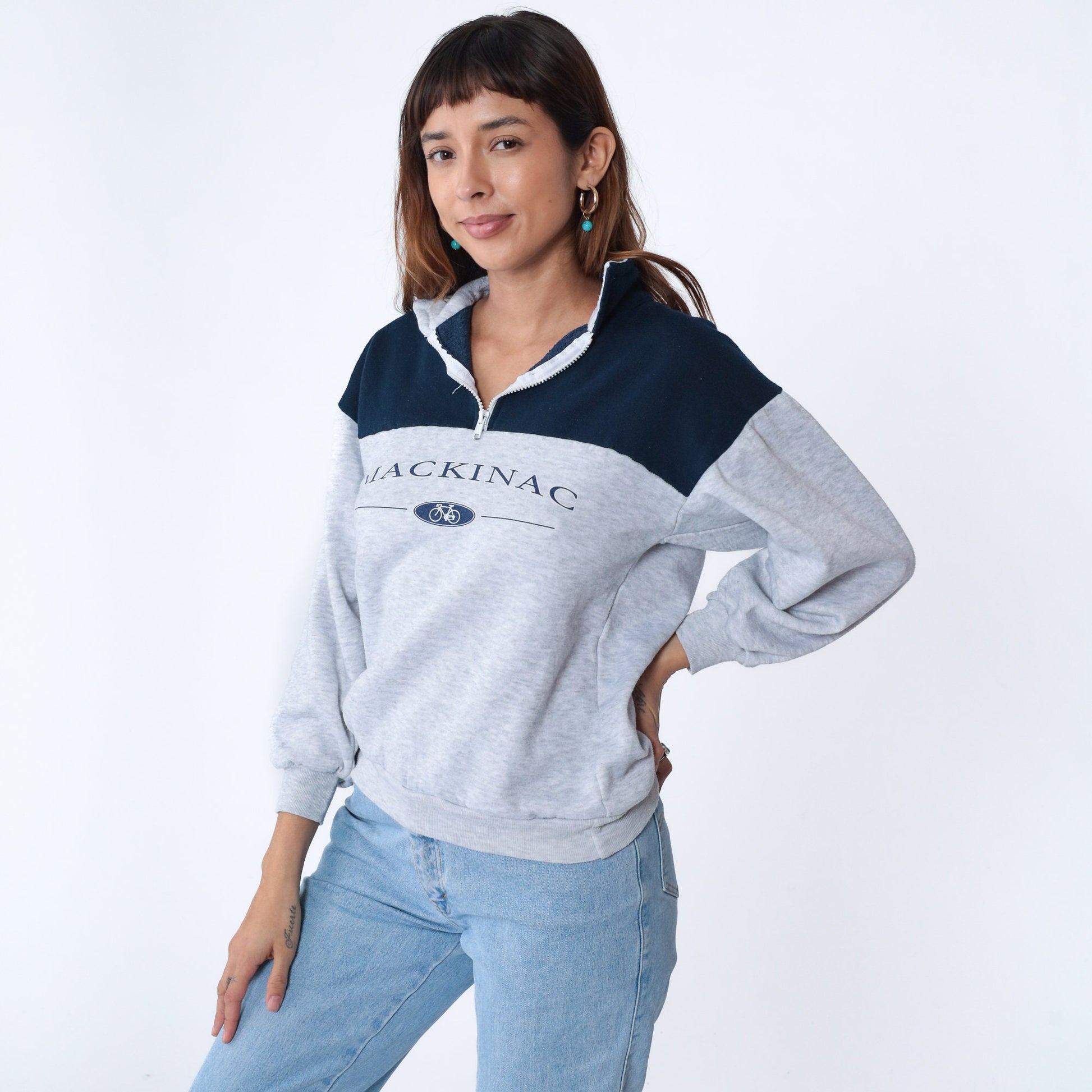 90s Mackinac Island Bike Quarter Zip Sweatshirt Light Heather Grey Small S