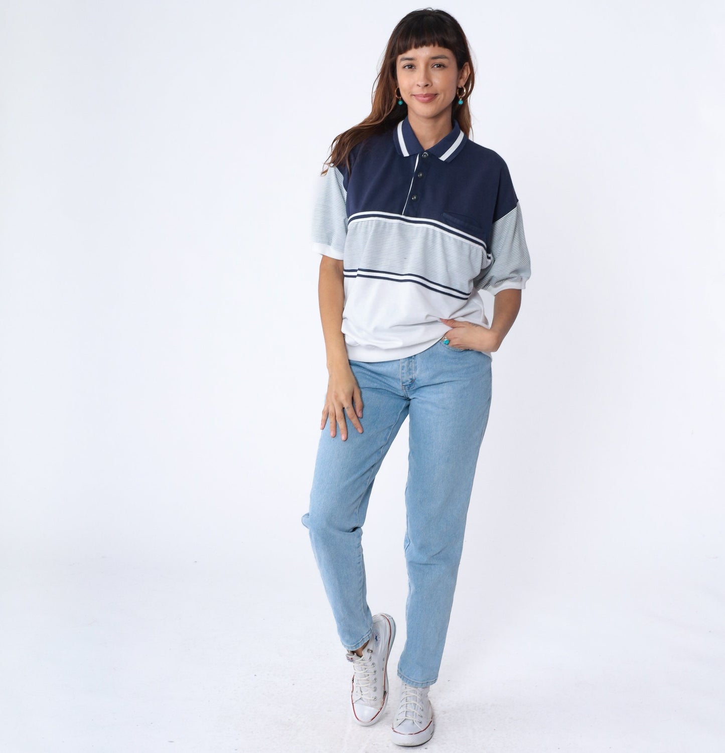 90s Striped Polo Shirt White Navy Blue Banded Hem Chest Pocket Extra Large XL