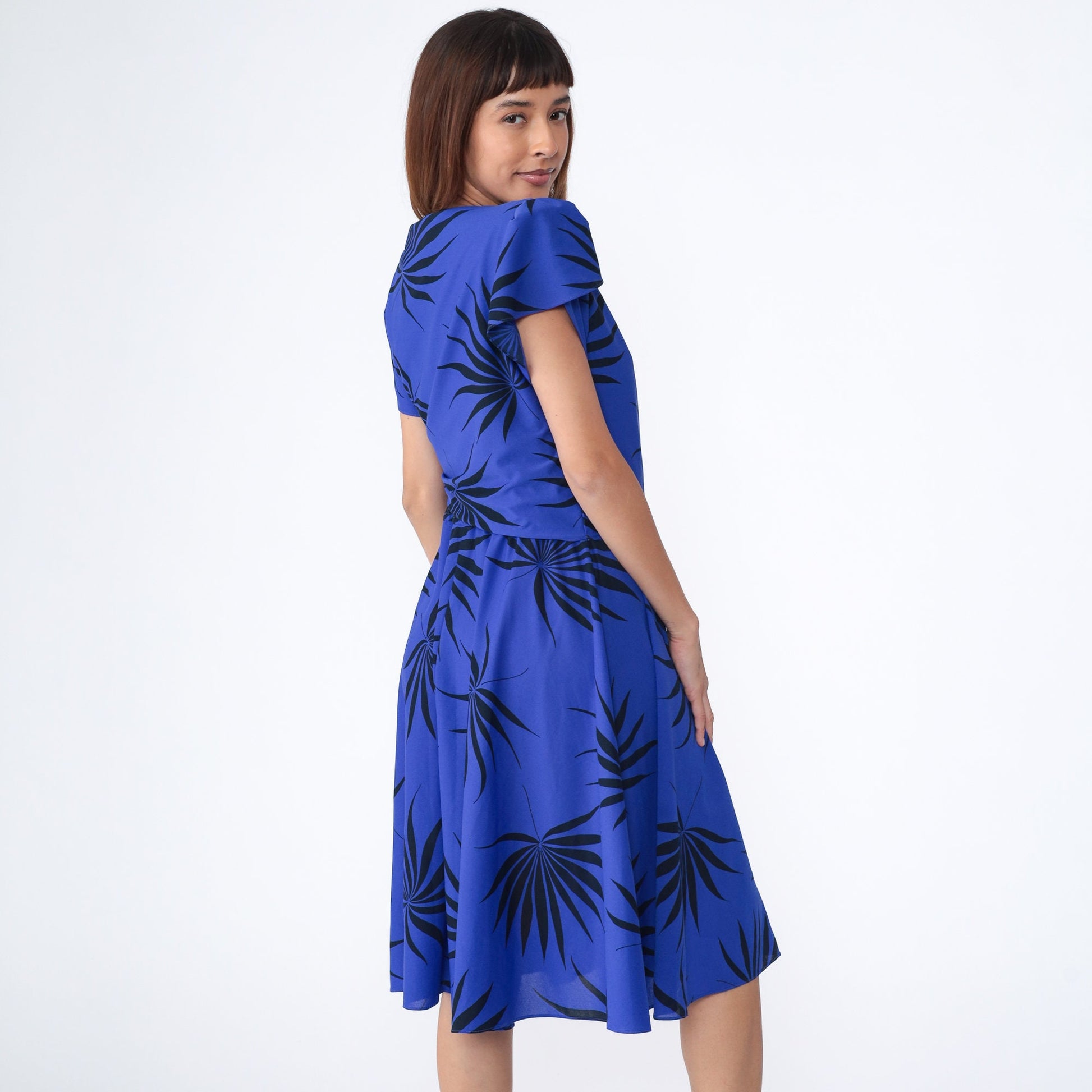 80s Franky B Tropical Leaf Print Wrap Midi Dress Puff Sleeve Purple-Blue Large
