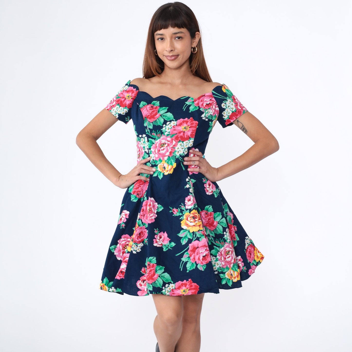 80s Floral Off-Shoulder Mini Dress Navy Blue Scalloped Neckline Small S