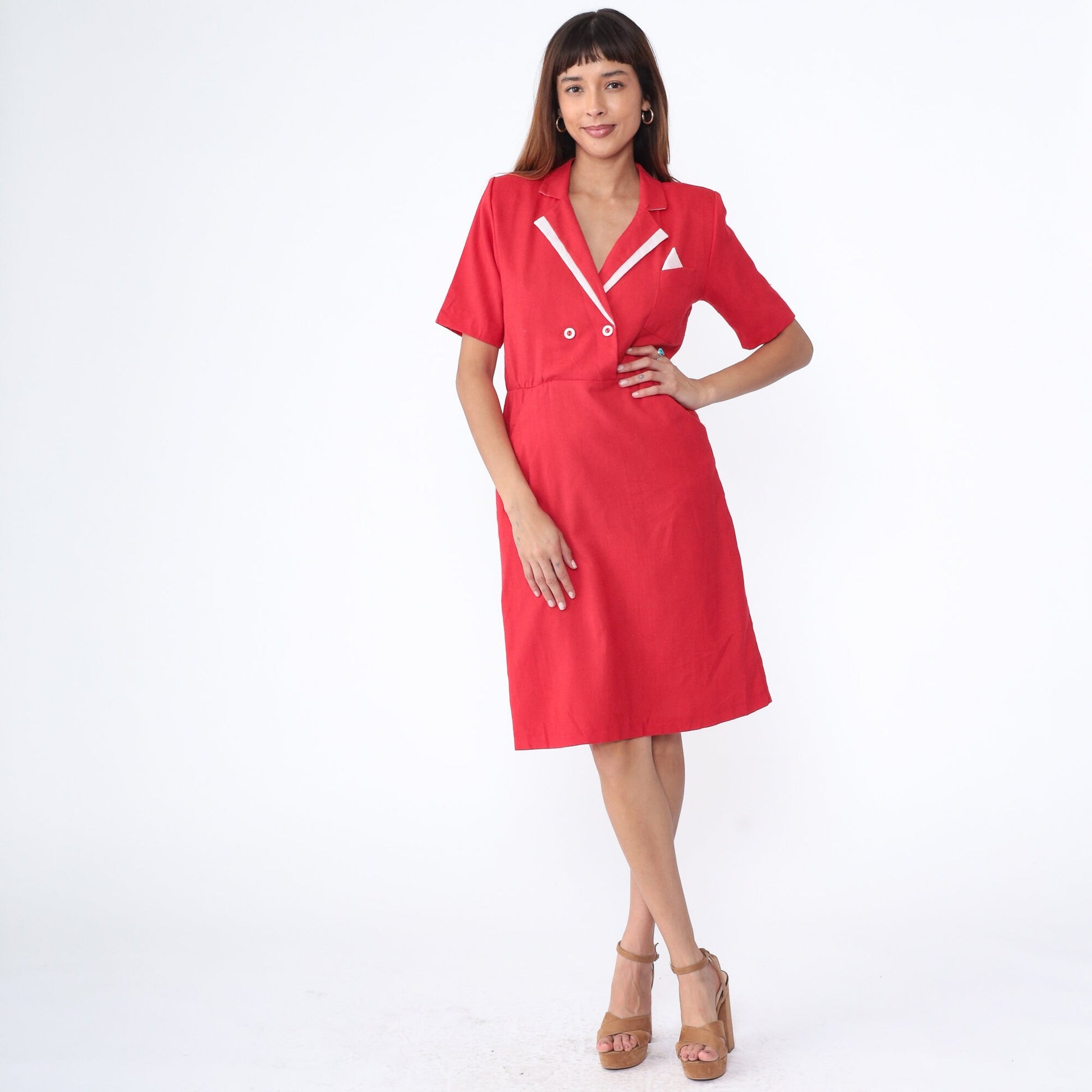 80s Red Wrap Midi Dress White Trim Collared Shirtwaist Medium