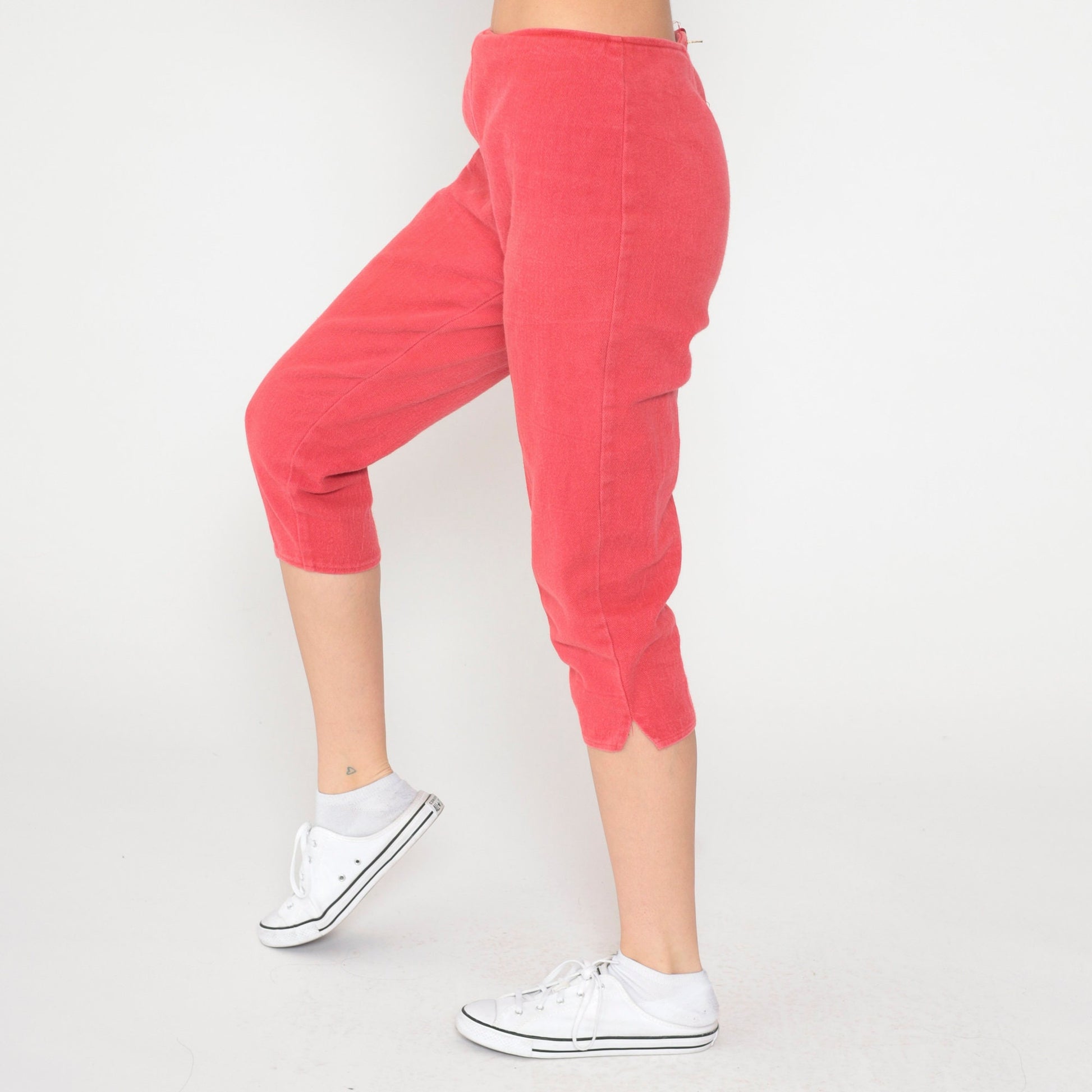 90s Red Capri Pants High Waist Cotton Cropped Trousers Small
