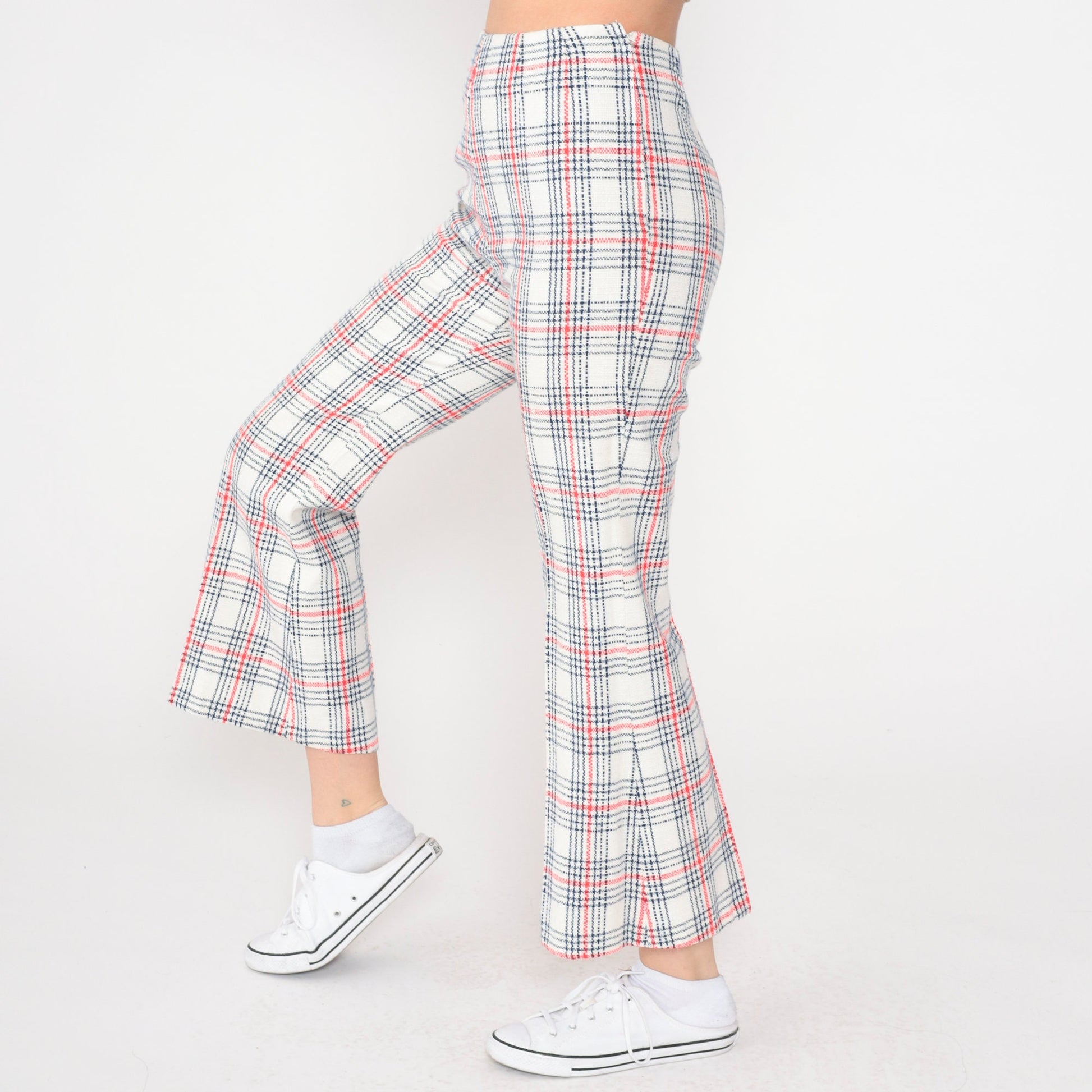 60s Plaid Flared Trousers High Waisted Red Navy White Checkered Extra Small