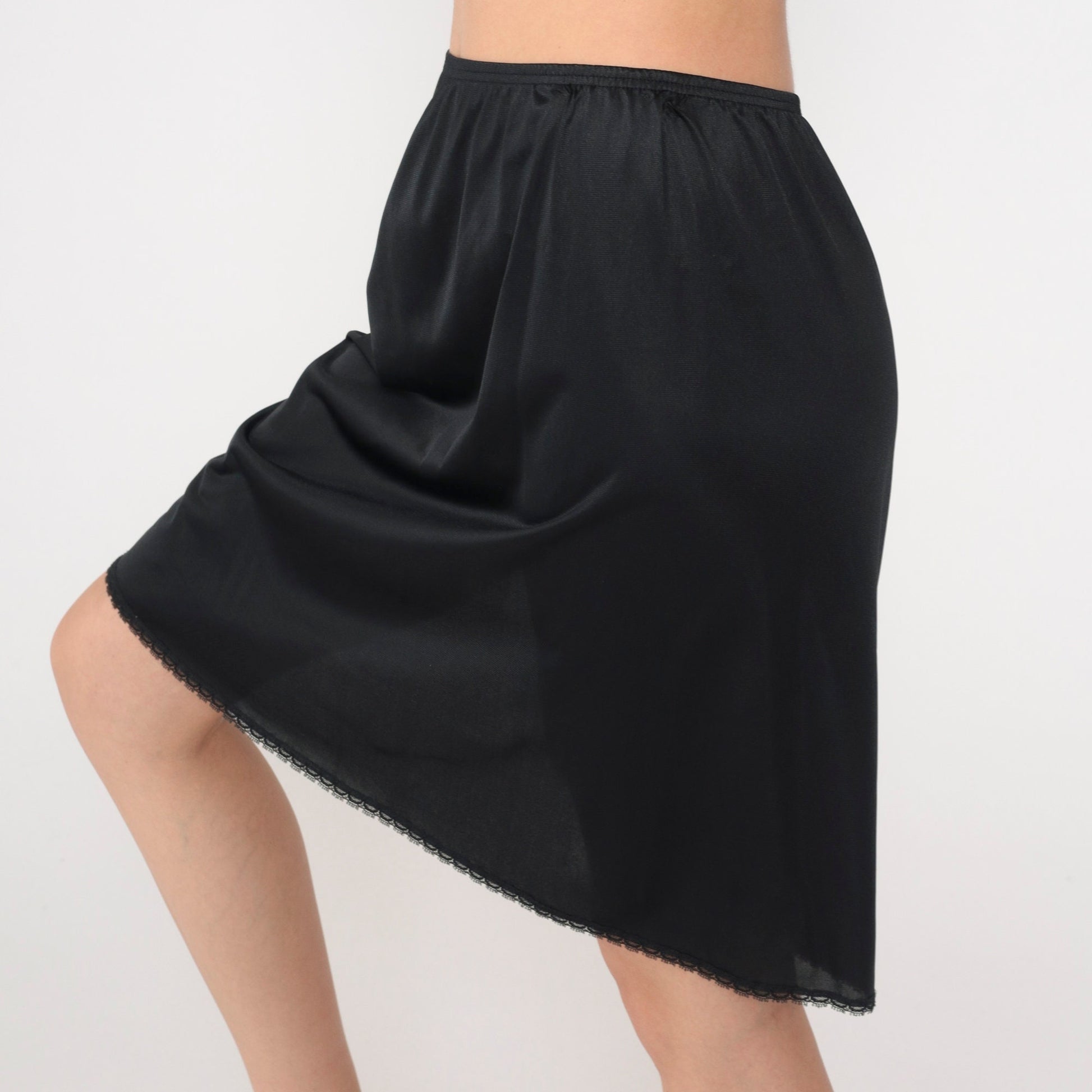 70s Vanity Fair Black Slip Skirt Lace Trim Mini High Waisted Medium