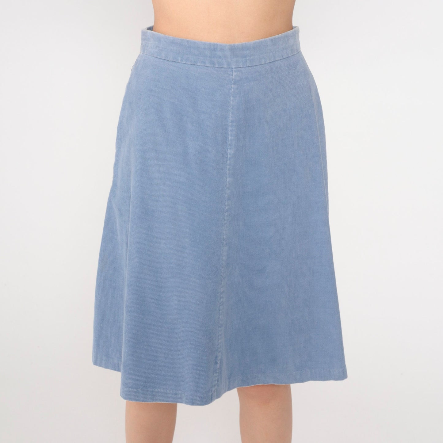 80s Blue Corduroy Midi Skirt High Waist A-Line Small