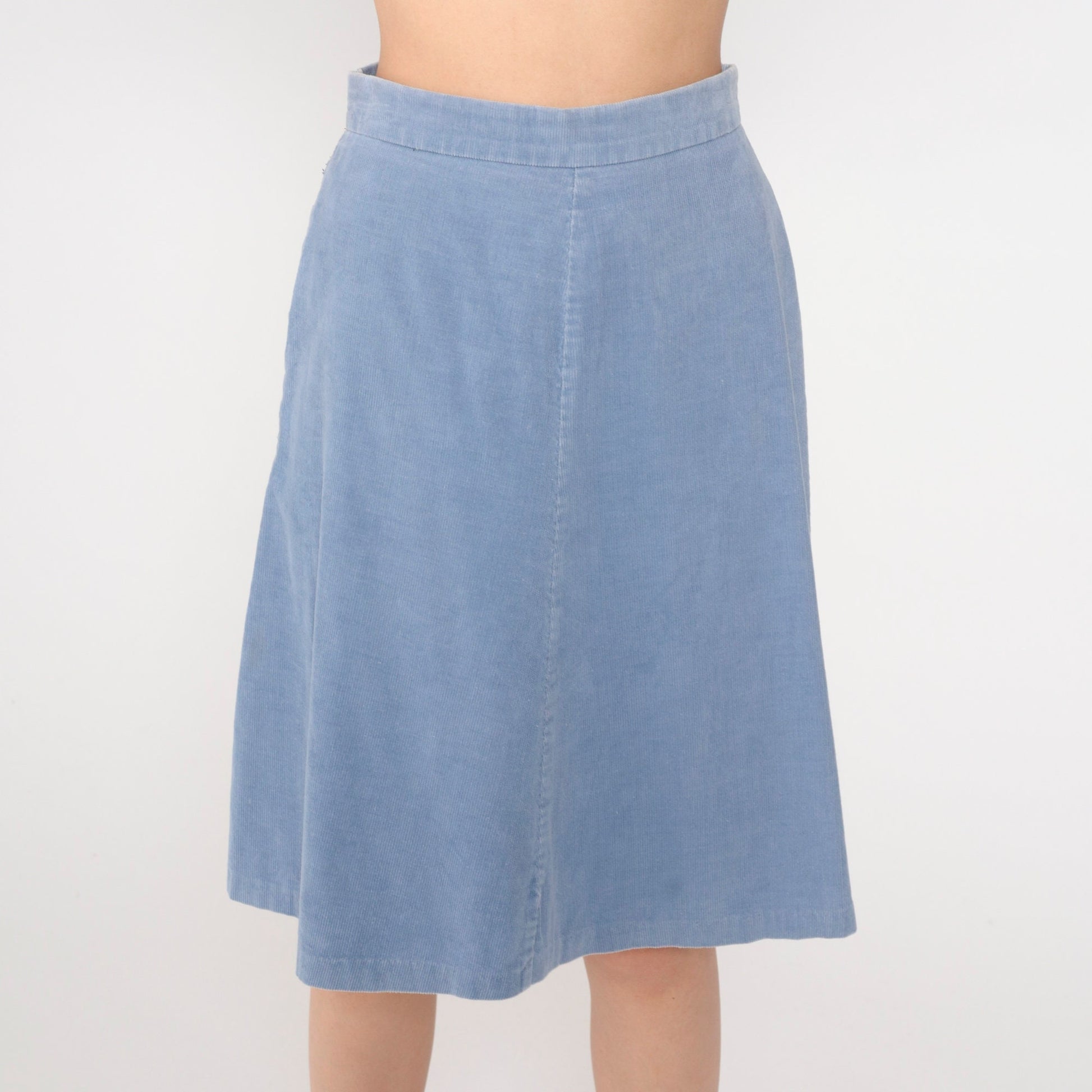 80s Blue Corduroy Midi Skirt High Waist A-Line Small
