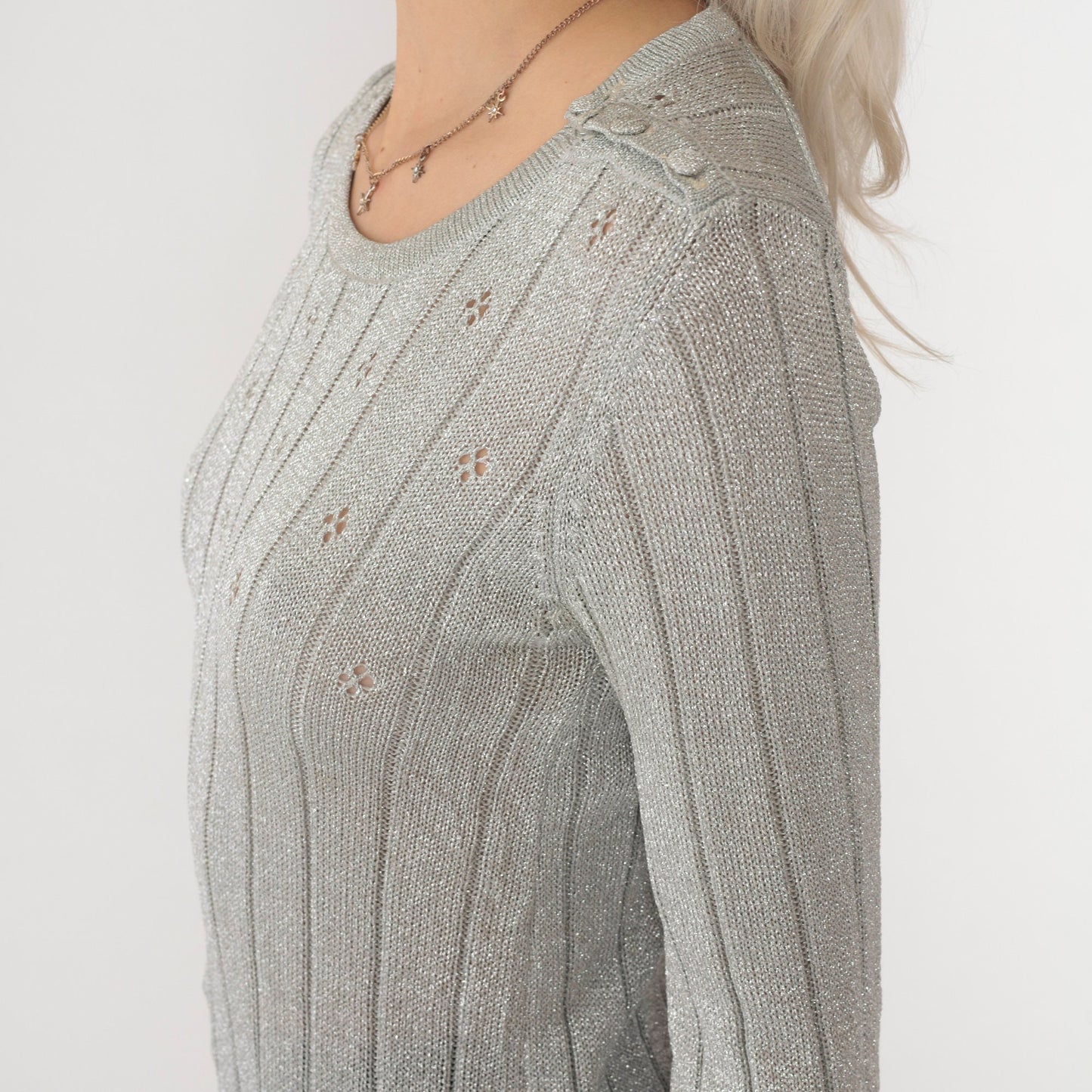 70s Silver Metallic Pointelle Knit Sweater Cutout Chest Pullover Small