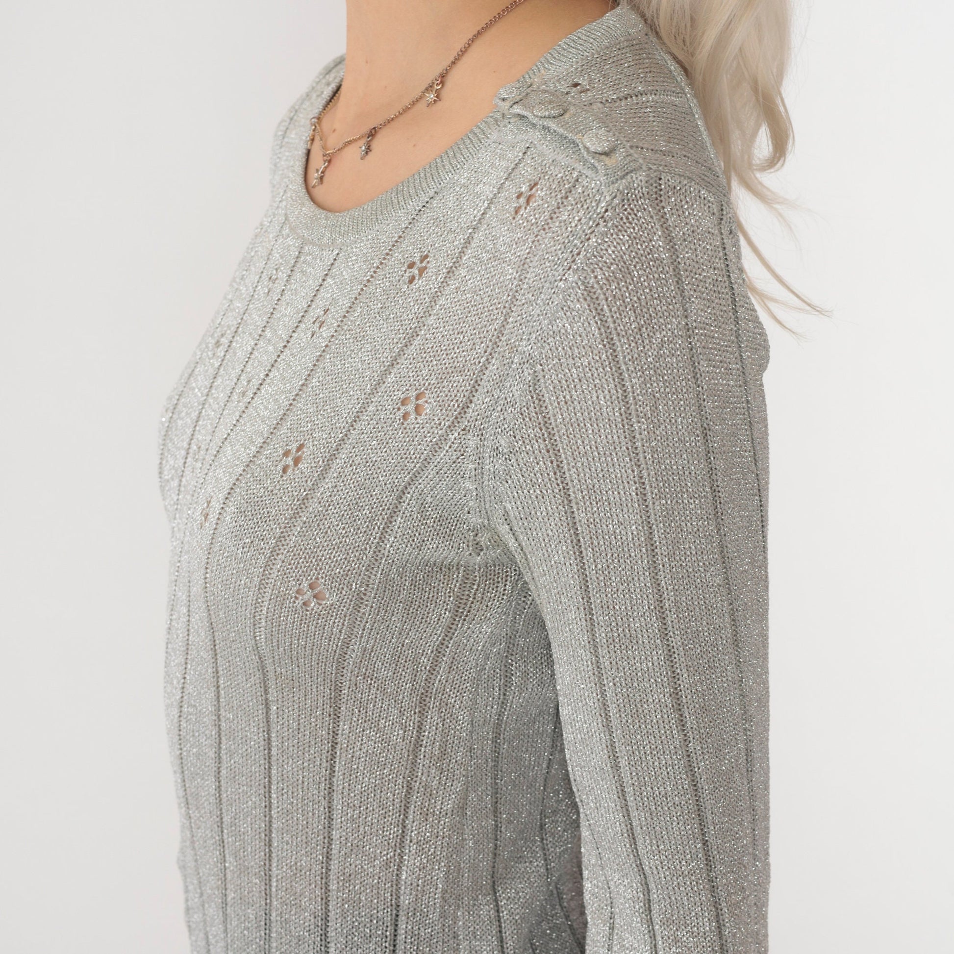 70s Silver Metallic Pointelle Knit Sweater Cutout Chest Pullover Small