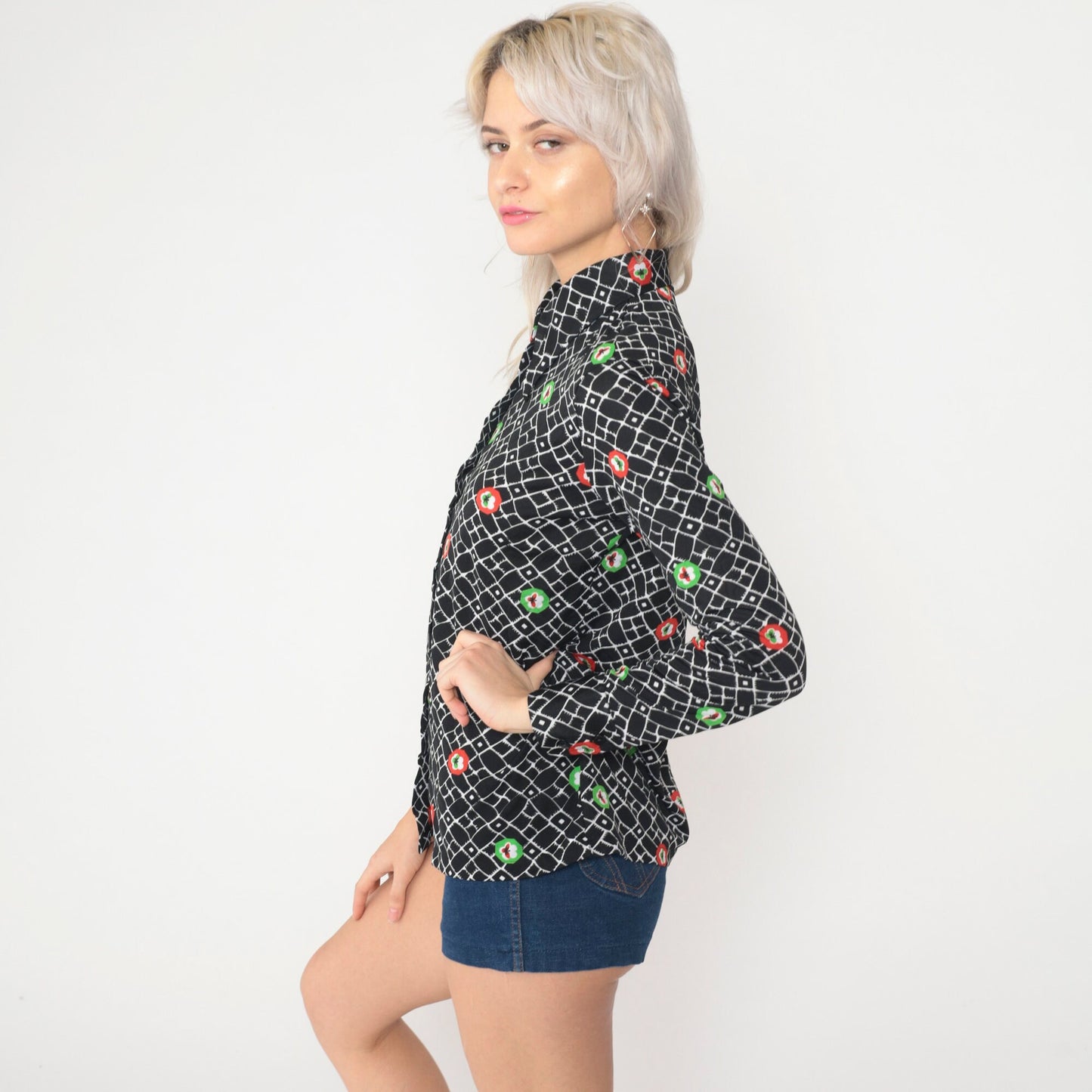 70s Checkered Floral Button-Up Blouse Black Dagger Collar Long Sleeve Small
