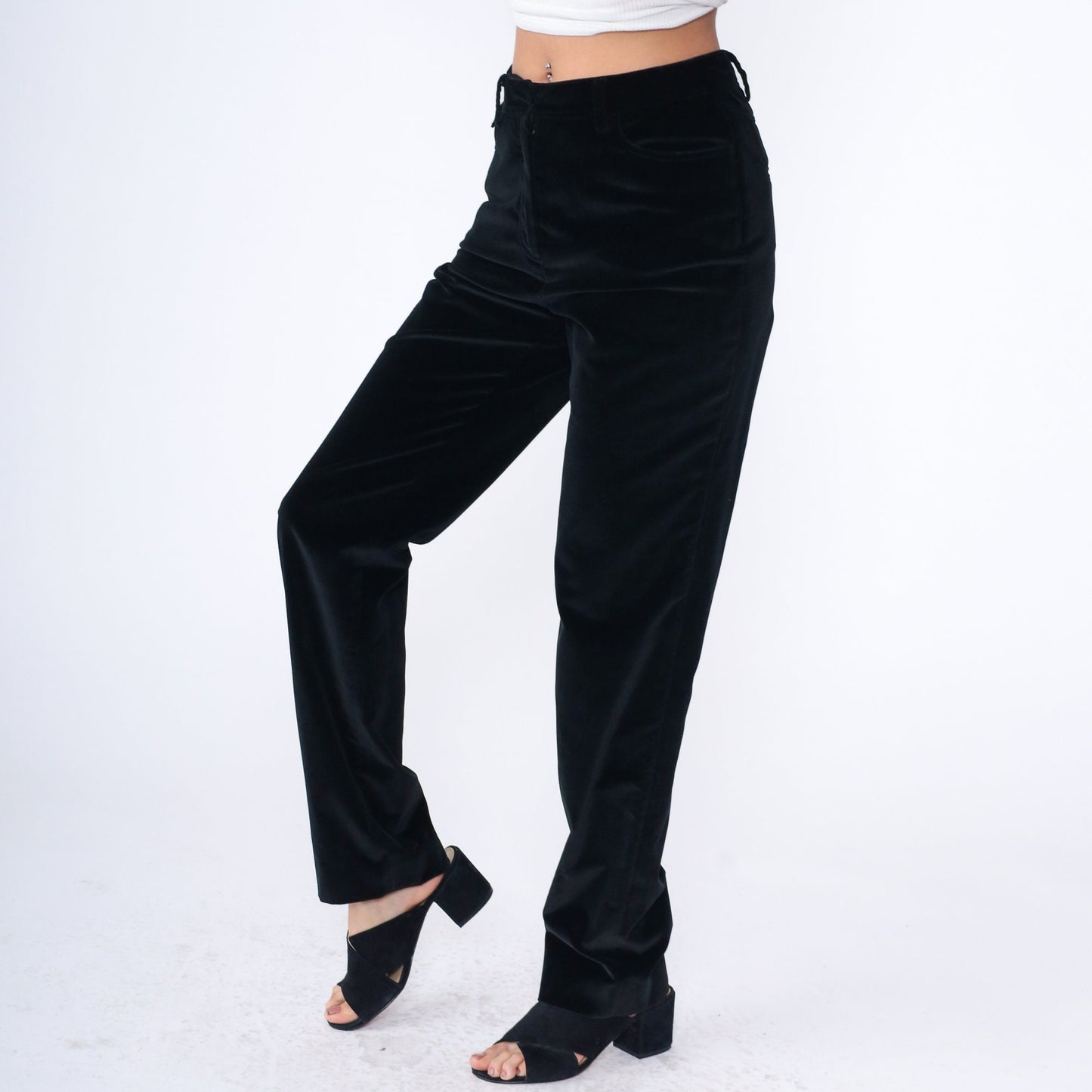 90s Per Se Black Velvet High-Waist Straight-Leg Trousers Medium 8