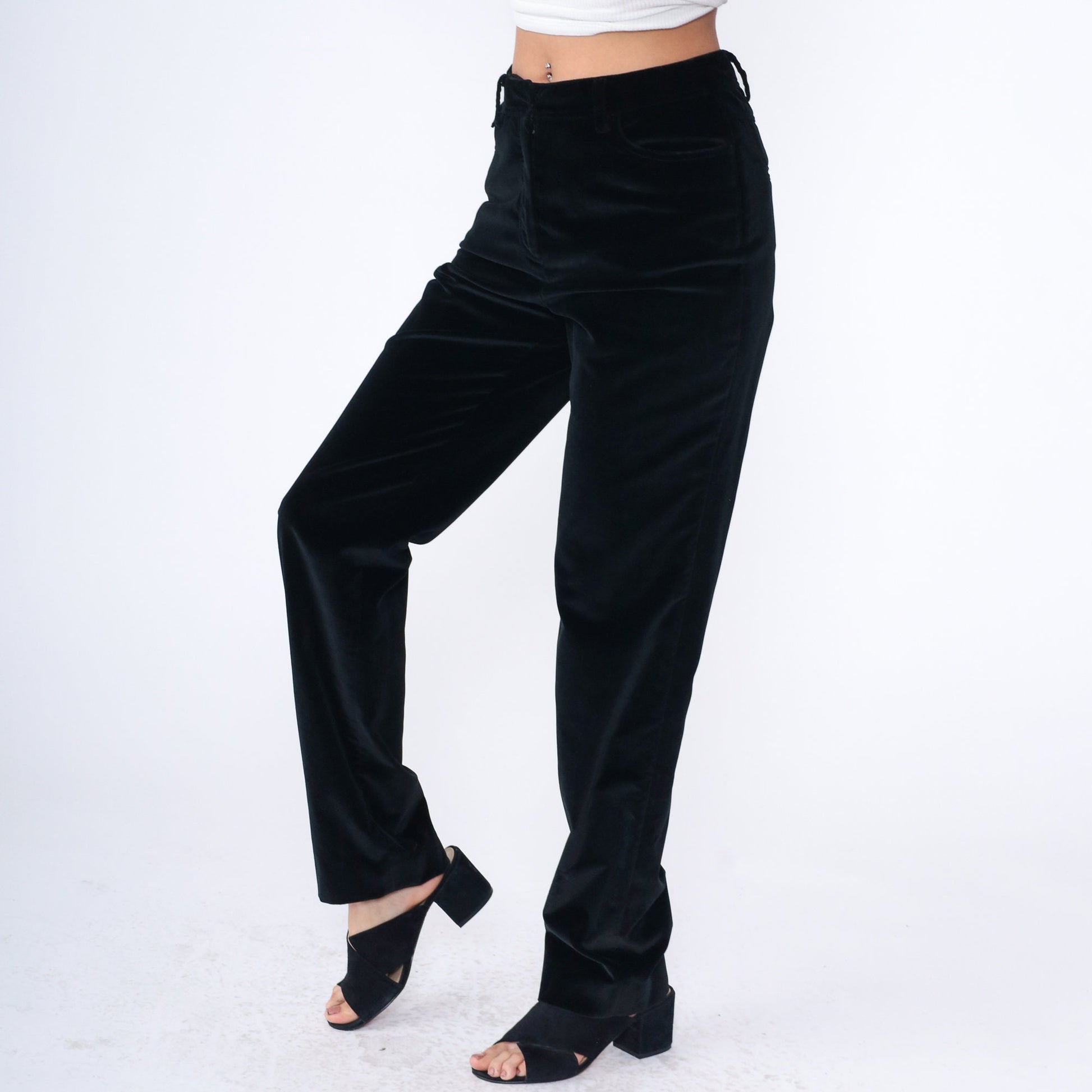 90s Per Se Black Velvet High-Waist Straight-Leg Trousers Medium 8