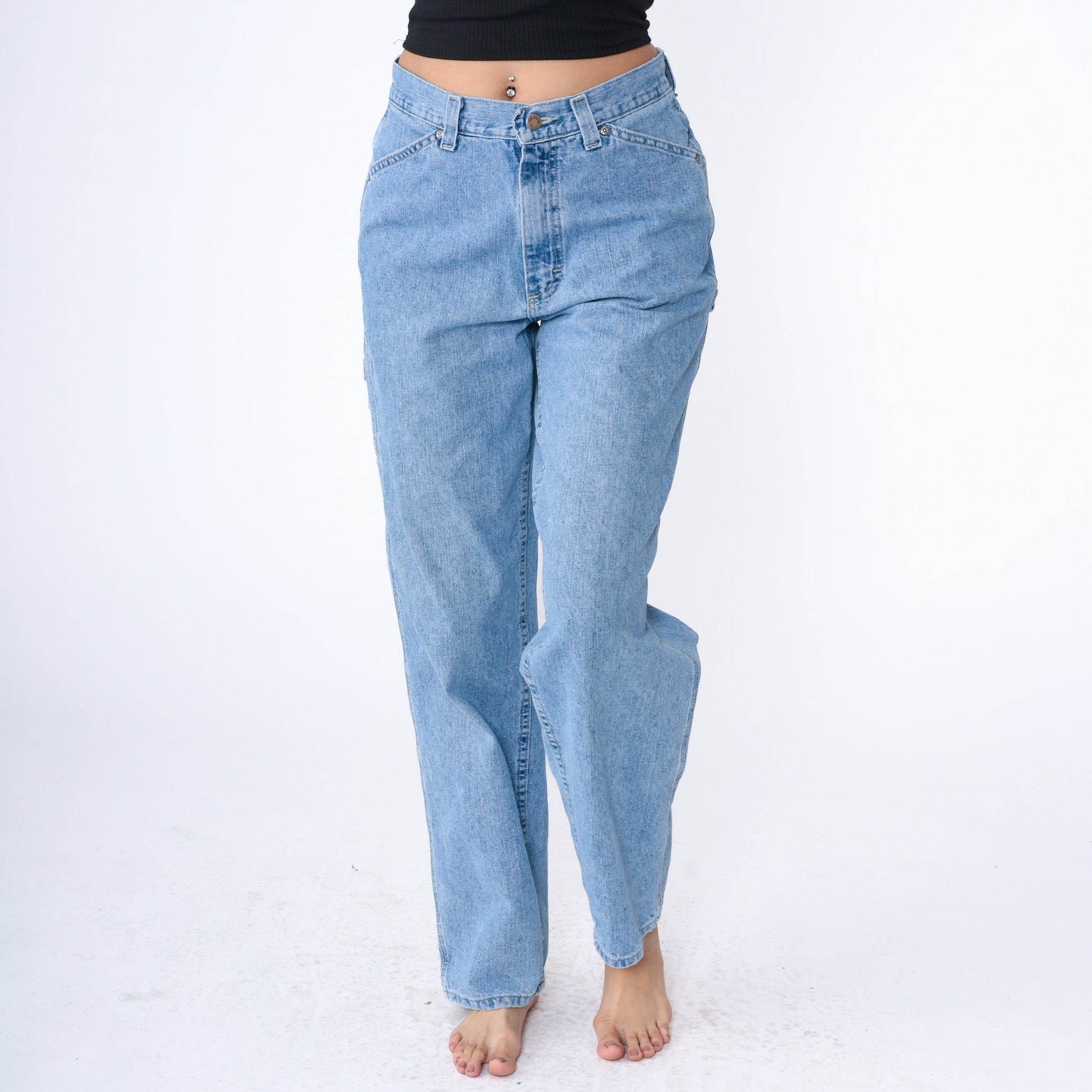 Y2K High Rise Cargo Jeans Light Wash Denim Hammer Loop Relaxed Straight Tapered Medium