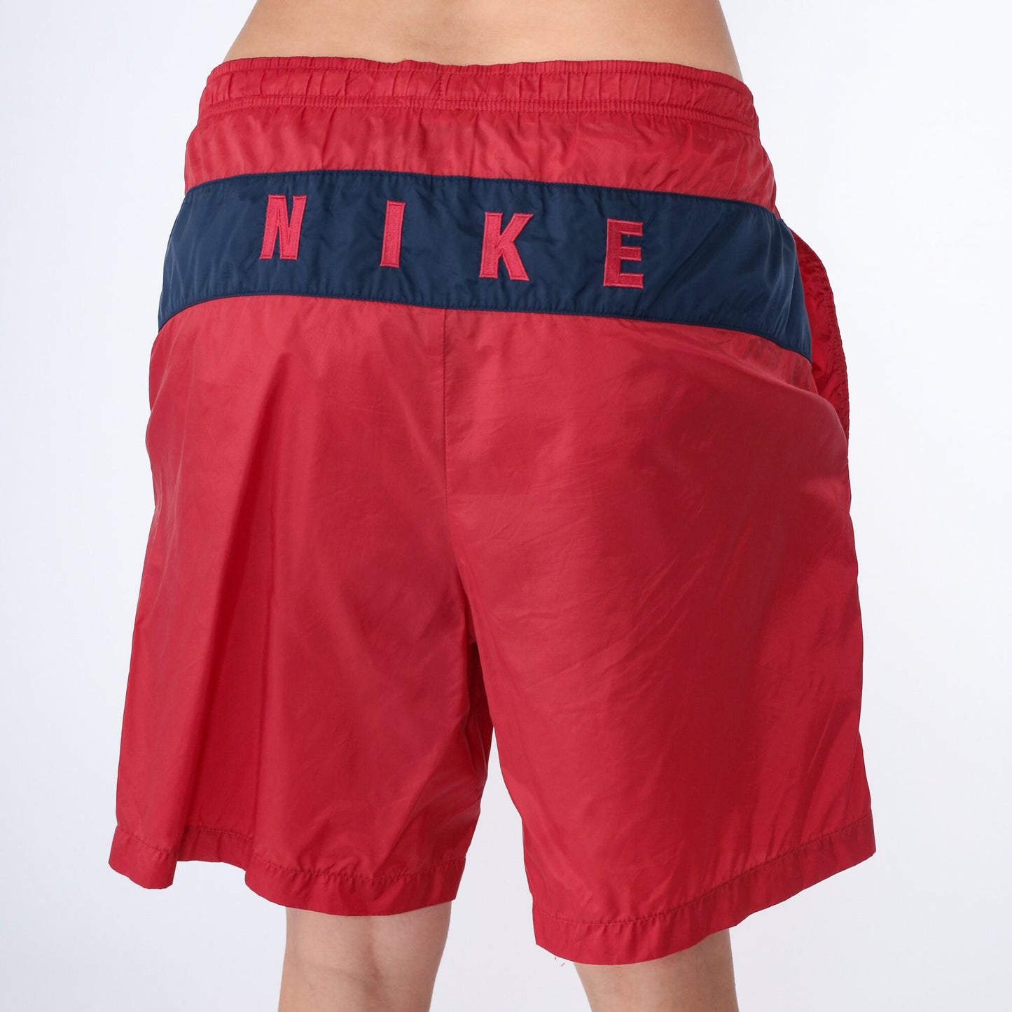 90s Nike Swim Shorts Red Nylon Spellout Navy Stripe Extra Large XL