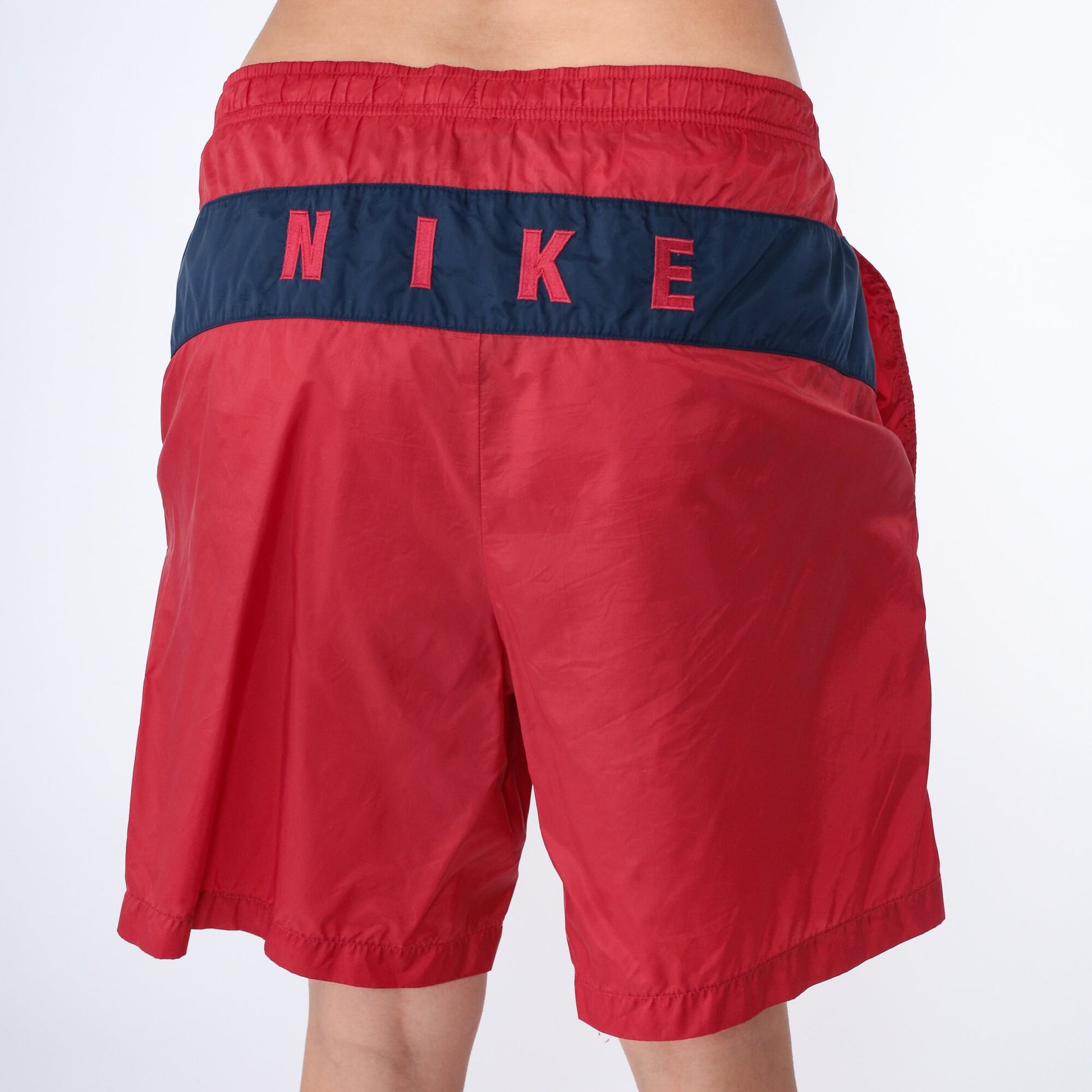 90s Nike Swim Shorts Red Nylon Spellout Navy Stripe Extra Large XL
