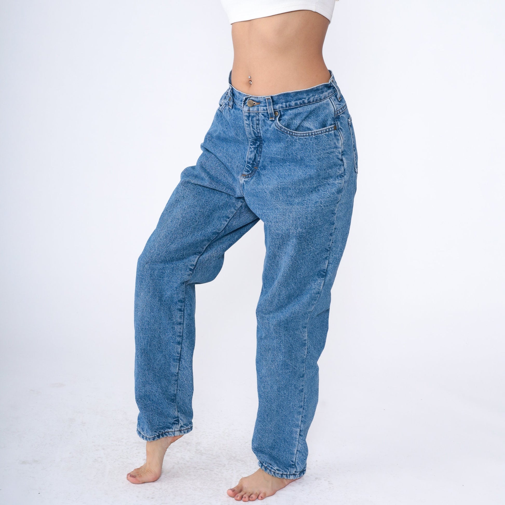 90s L.L. Bean High Waist Tapered Jeans Flannel Lined Blue Denim Large 14