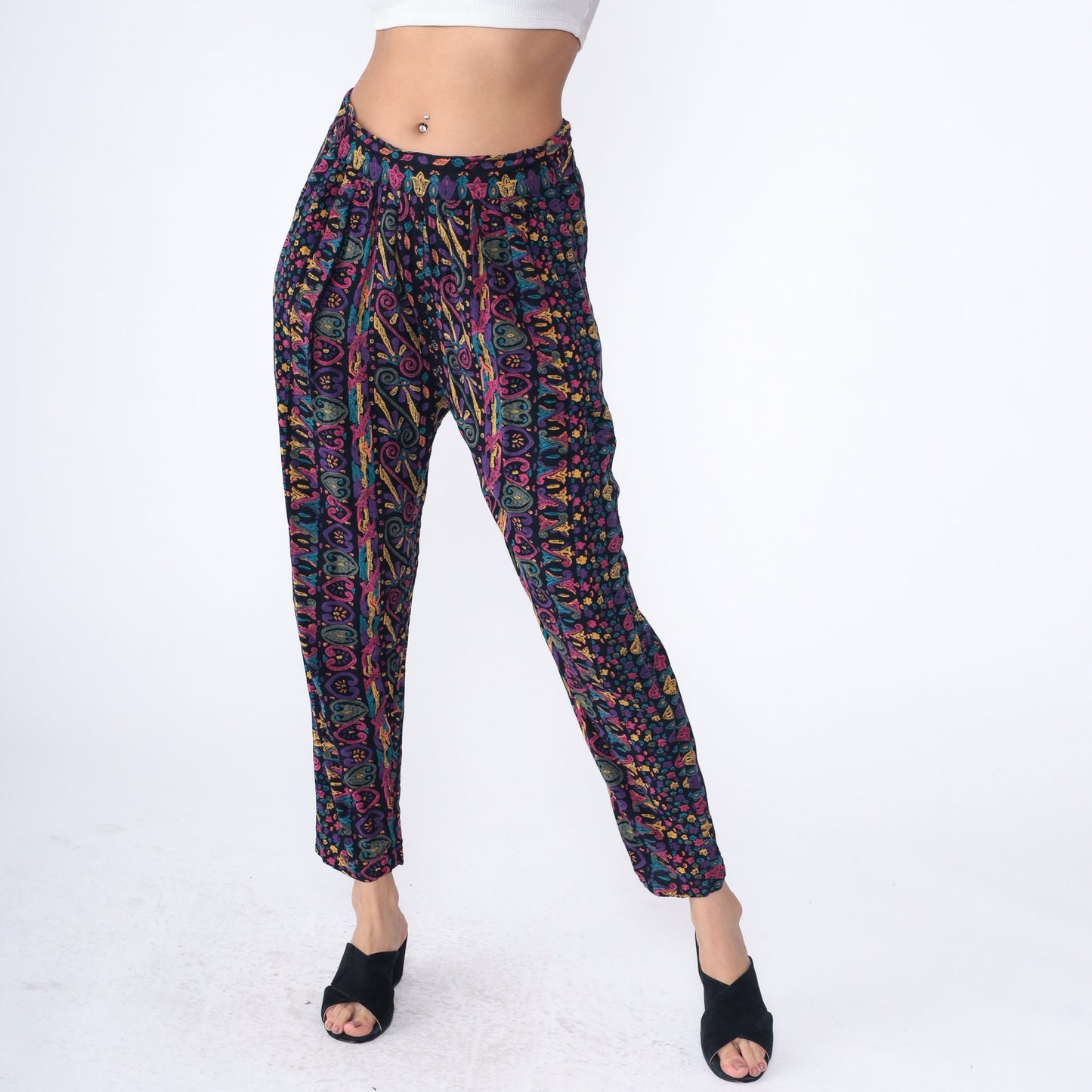 90s Black Rayon Tapered Pants Abstract Heart Geometric Print High Waist Medium