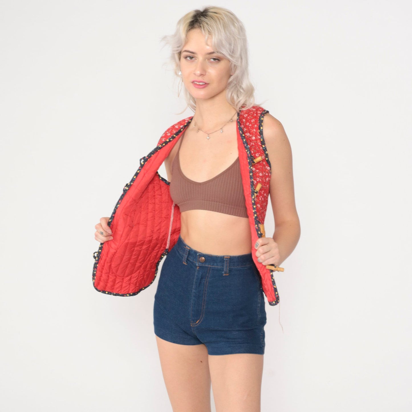 70s Red Calico Floral Quilted Vest Sleeveless Toggle Button Extra Small